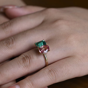 Solid Gold Toi et Moi Lab Emerald & Oval Cut Pink Sapphire Engagement Ring