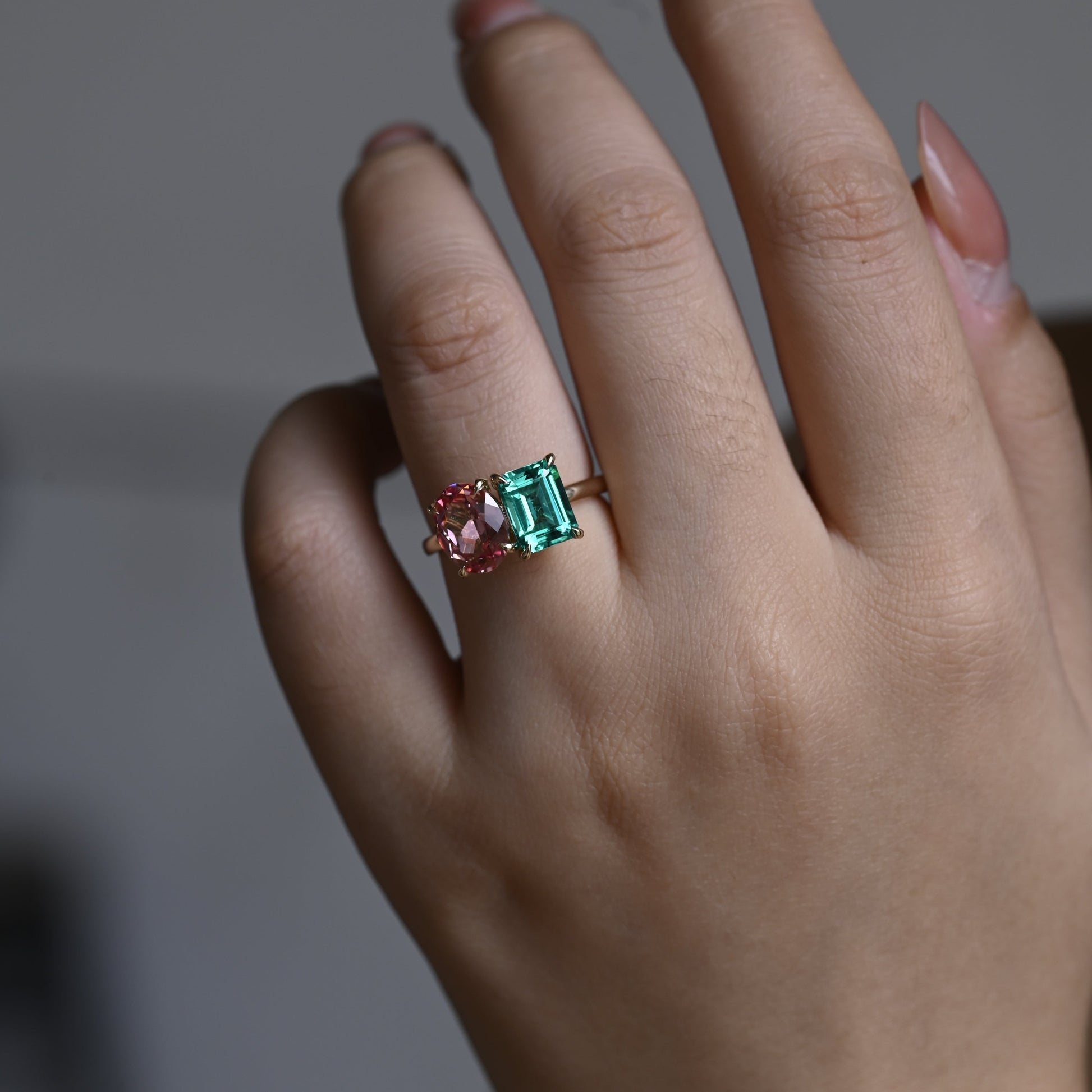 Solid Gold Toi et Moi Lab Emerald & Oval Cut Pink Sapphire Engagement Ring