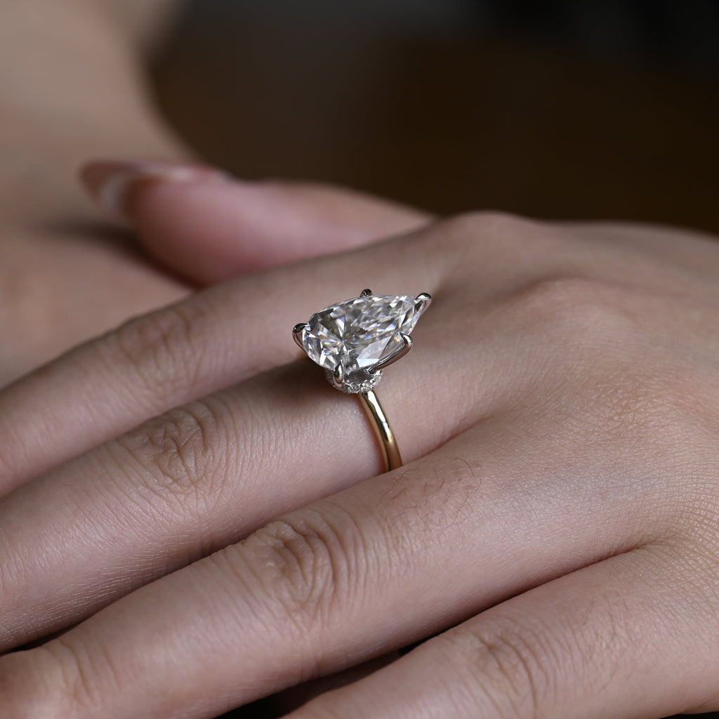 Solid Gold Two Tone Hidden Halo Pear Cut Moissanite Engagement Ring