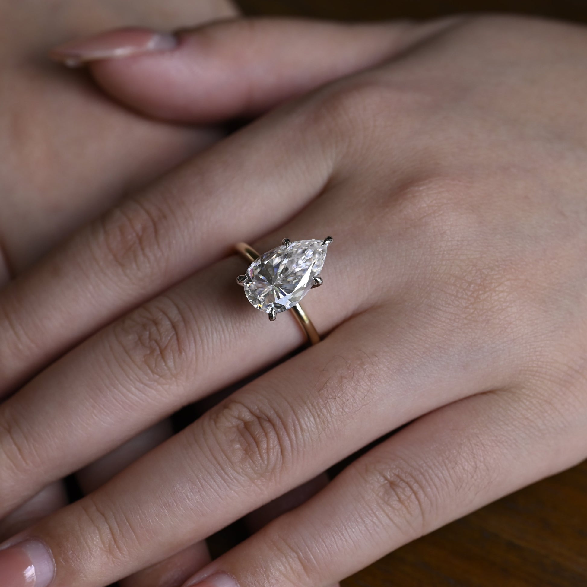 Solid Gold Two Tone Hidden Halo Pear Cut Moissanite Engagement Ring