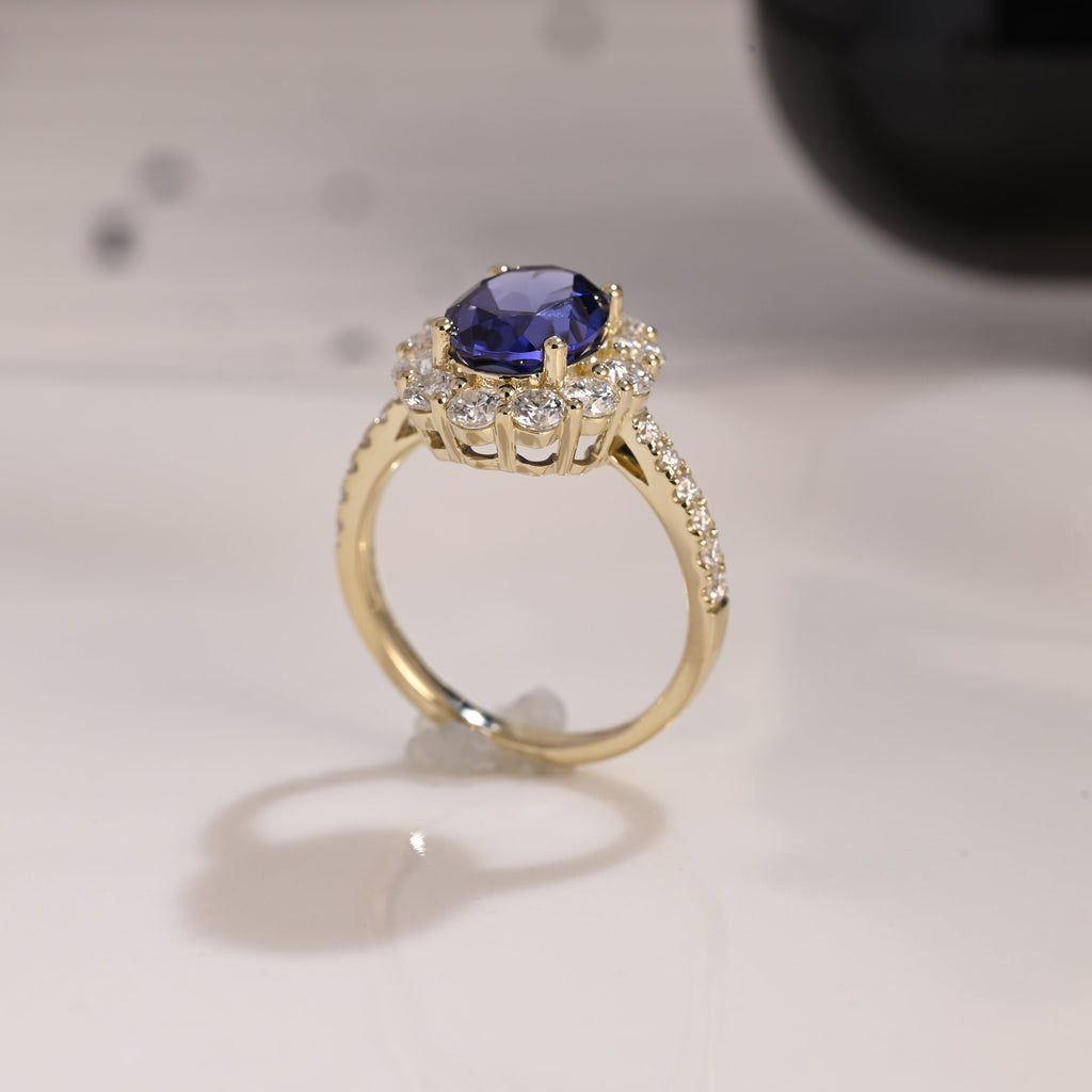 Solid Gold Oval Cut Blue Sapphire Engagement Ring