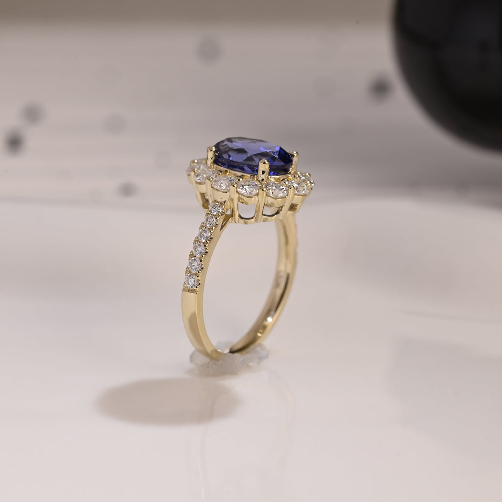 Solid Gold Oval Cut Blue Sapphire Engagement Ring