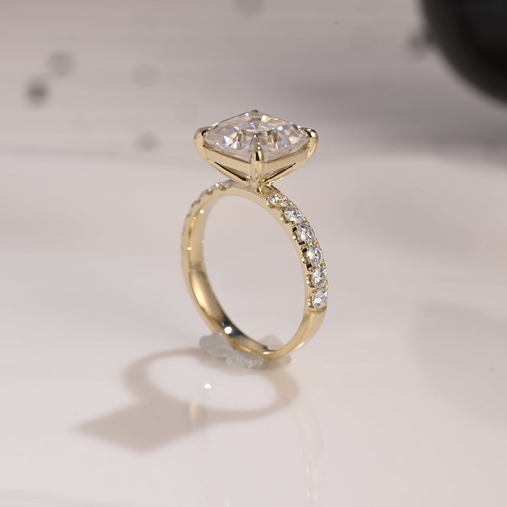 Solid Gold 3mm Width Pave Asscher Cut Moissanite Engagement Ring