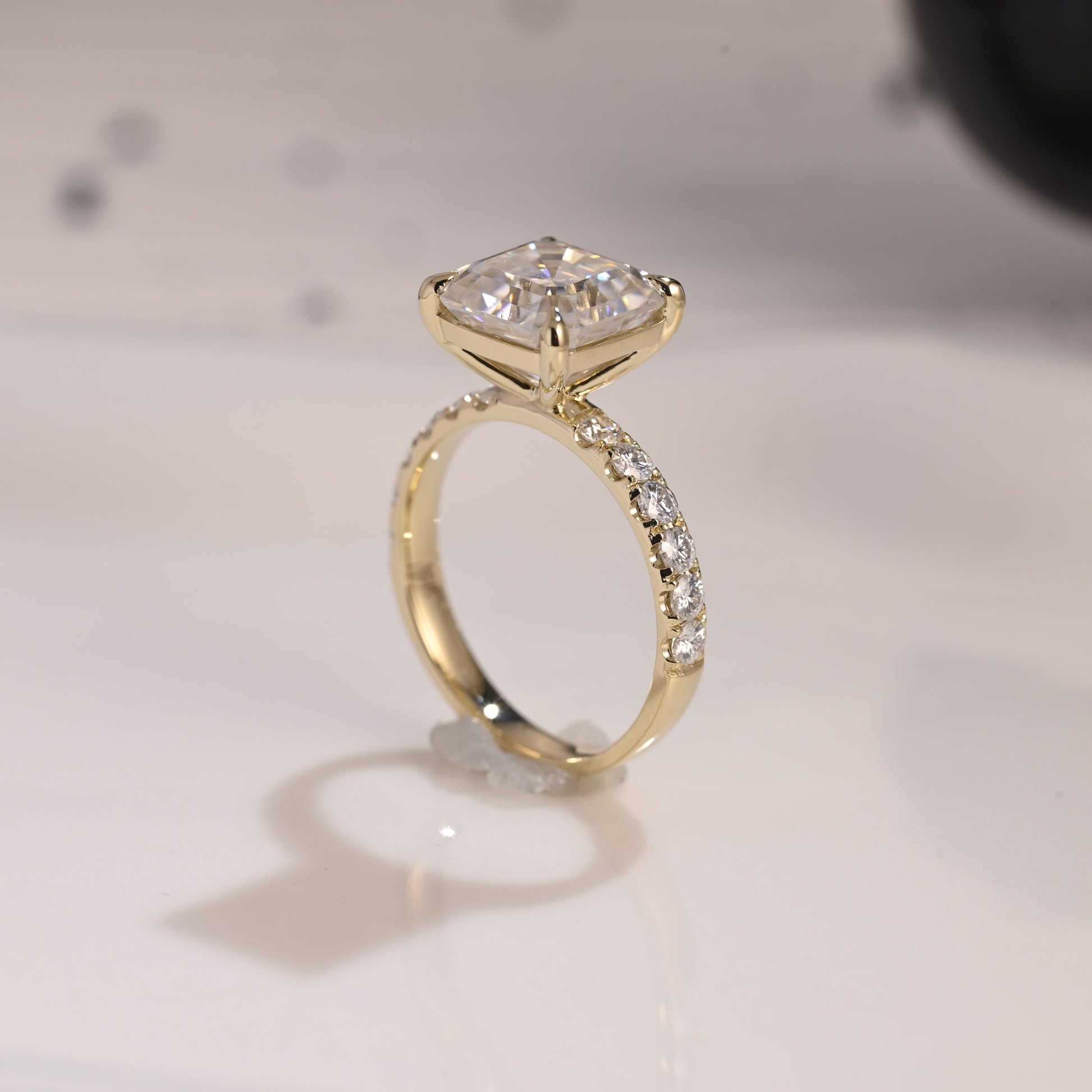 Solid Gold 3mm Width Pave Asscher Cut Moissanite Engagement Ring