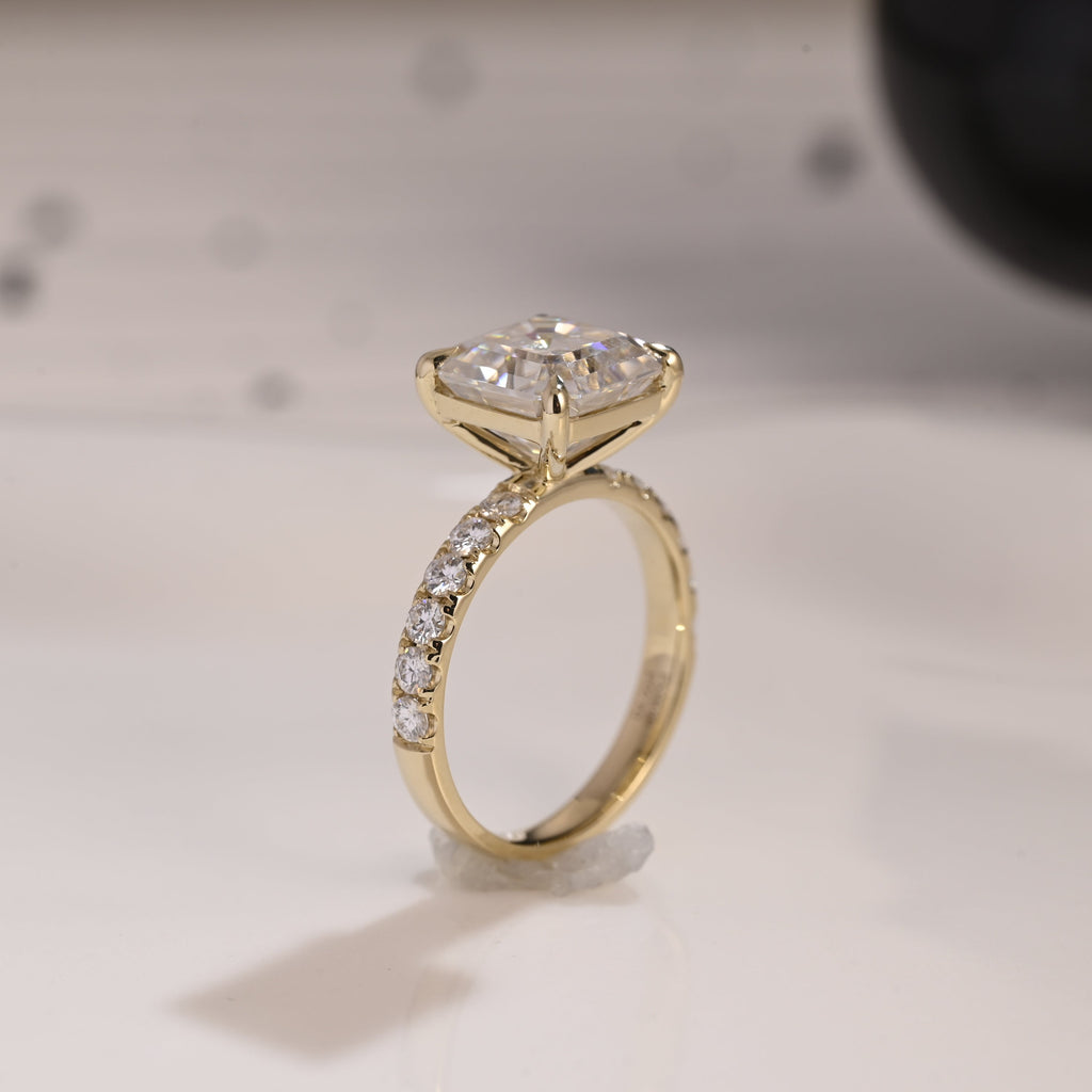 Solid Gold 3mm Width Pave Asscher Cut Moissanite Engagement Ring