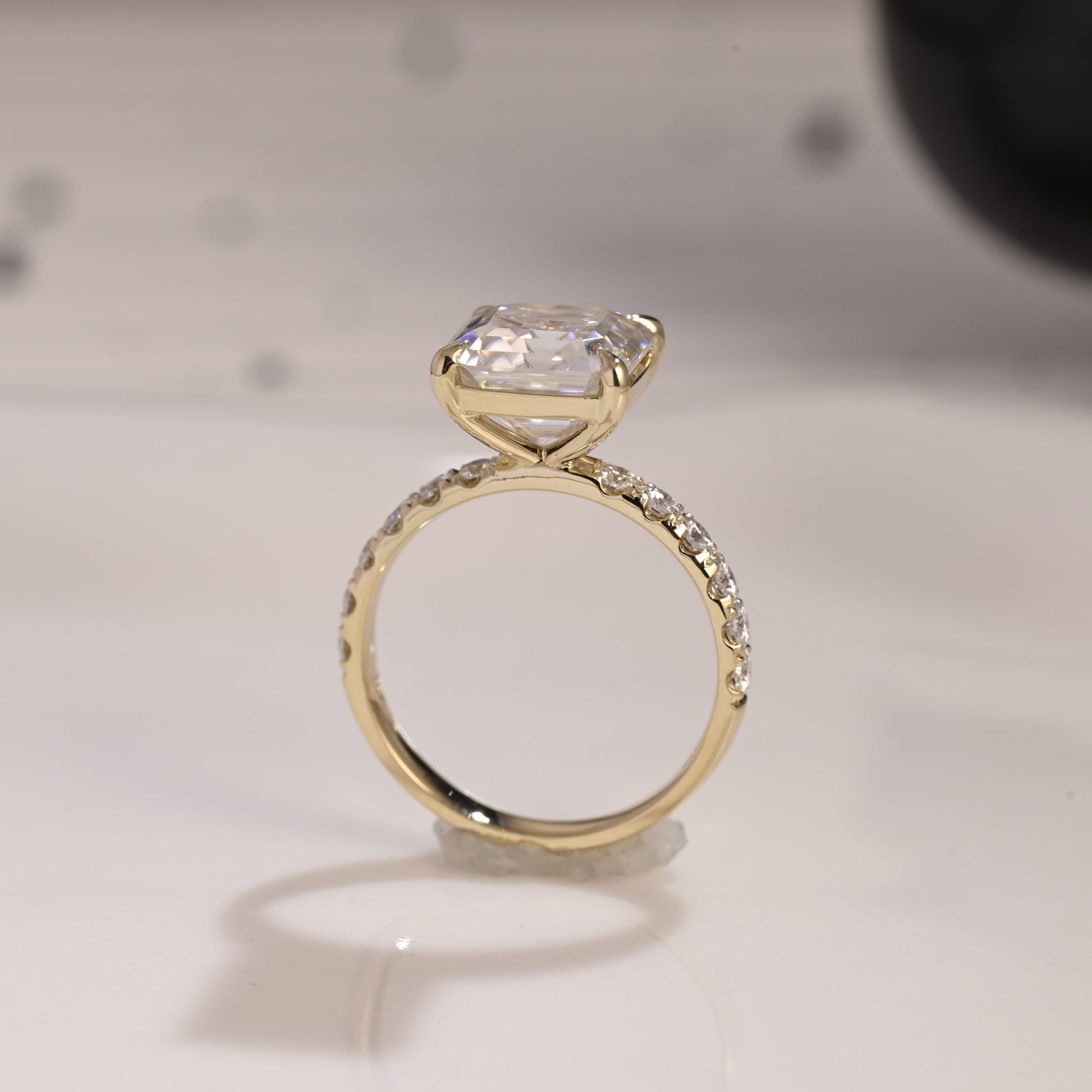 Solid Gold 3mm Width Pave Asscher Cut Moissanite Engagement Ring
