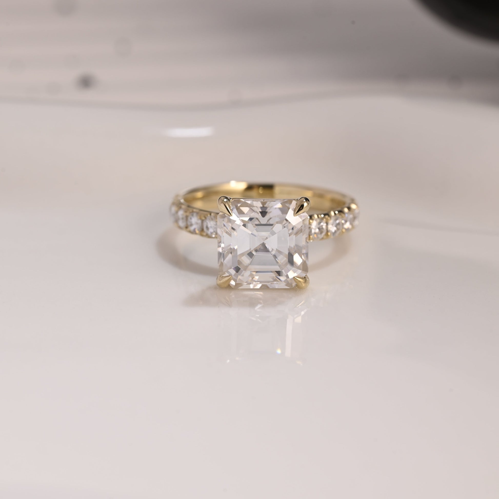 Solid Gold 3mm Width Pave Asscher Cut Moissanite Engagement Ring