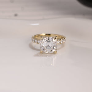 Solid Gold 3mm Width Pave Asscher Cut Moissanite Engagement Ring