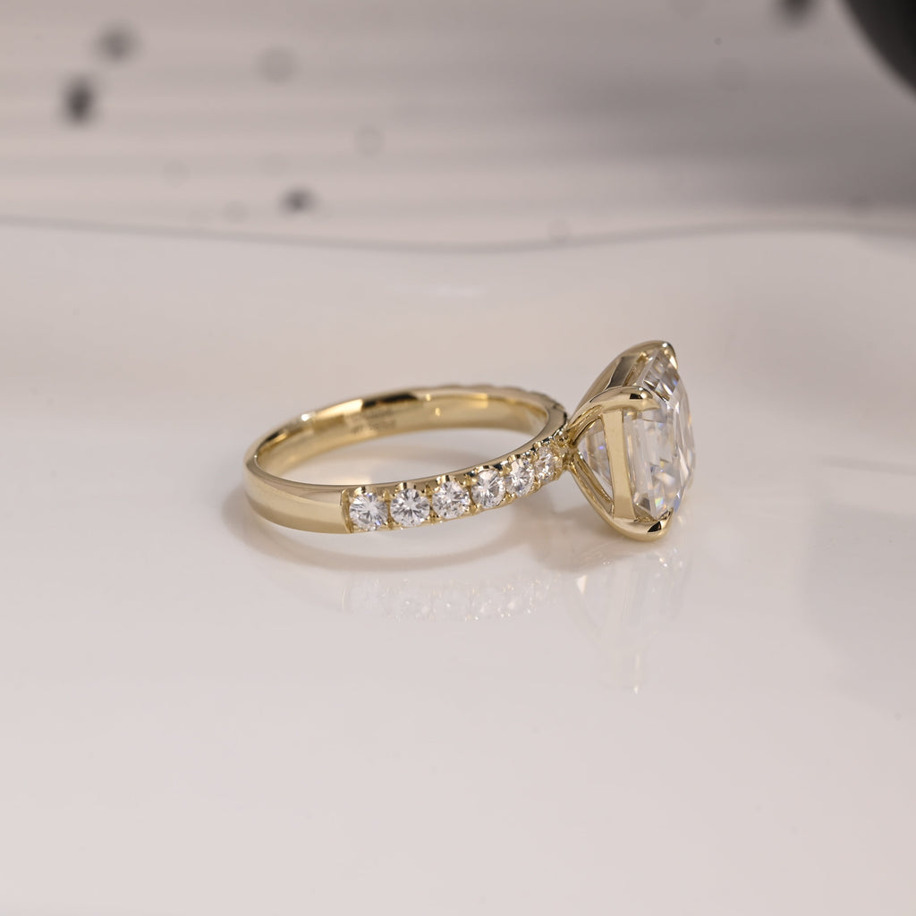 Solid Gold 3mm Width Pave Asscher Cut Moissanite Engagement Ring