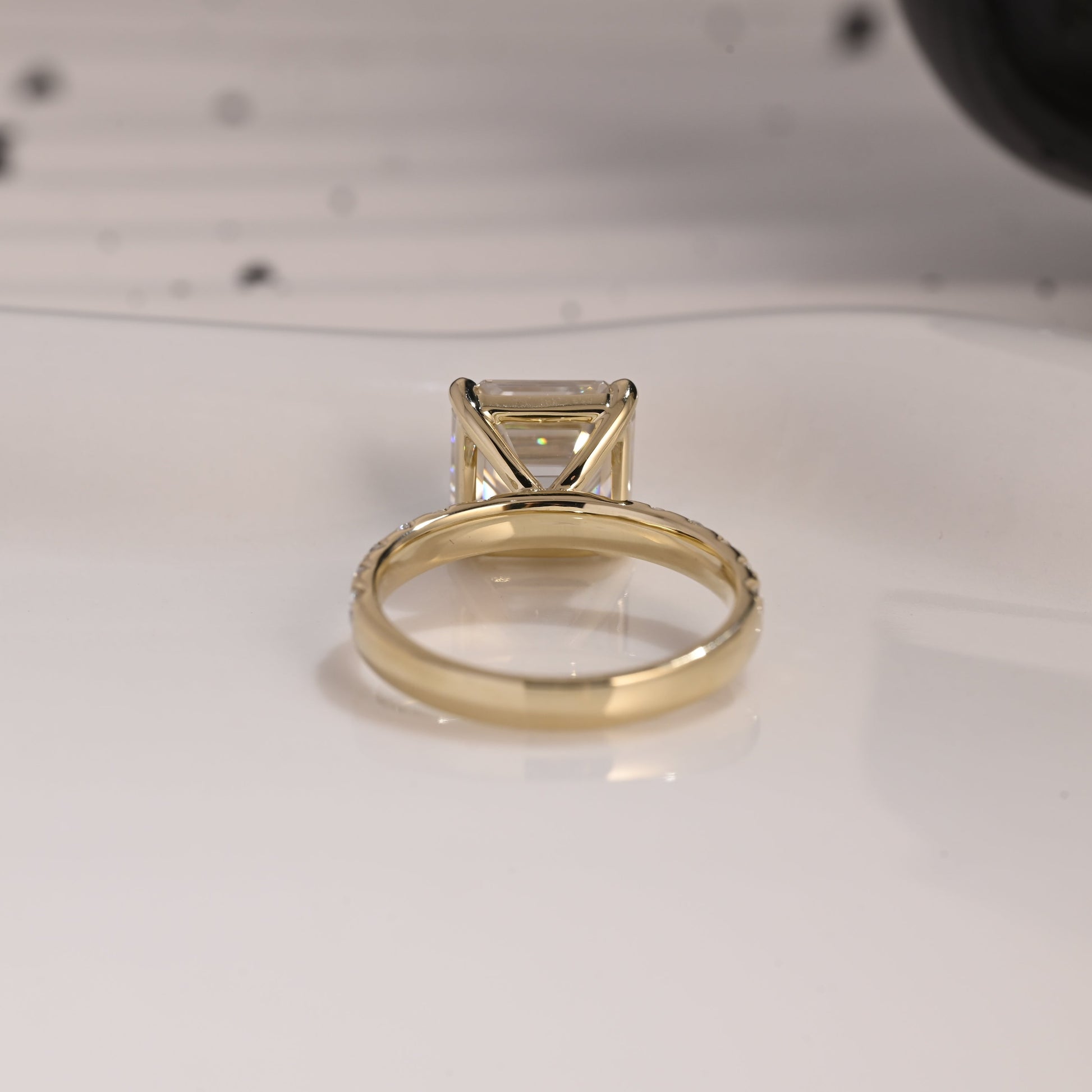 Solid Gold 3mm Width Pave Asscher Cut Moissanite Engagement Ring
