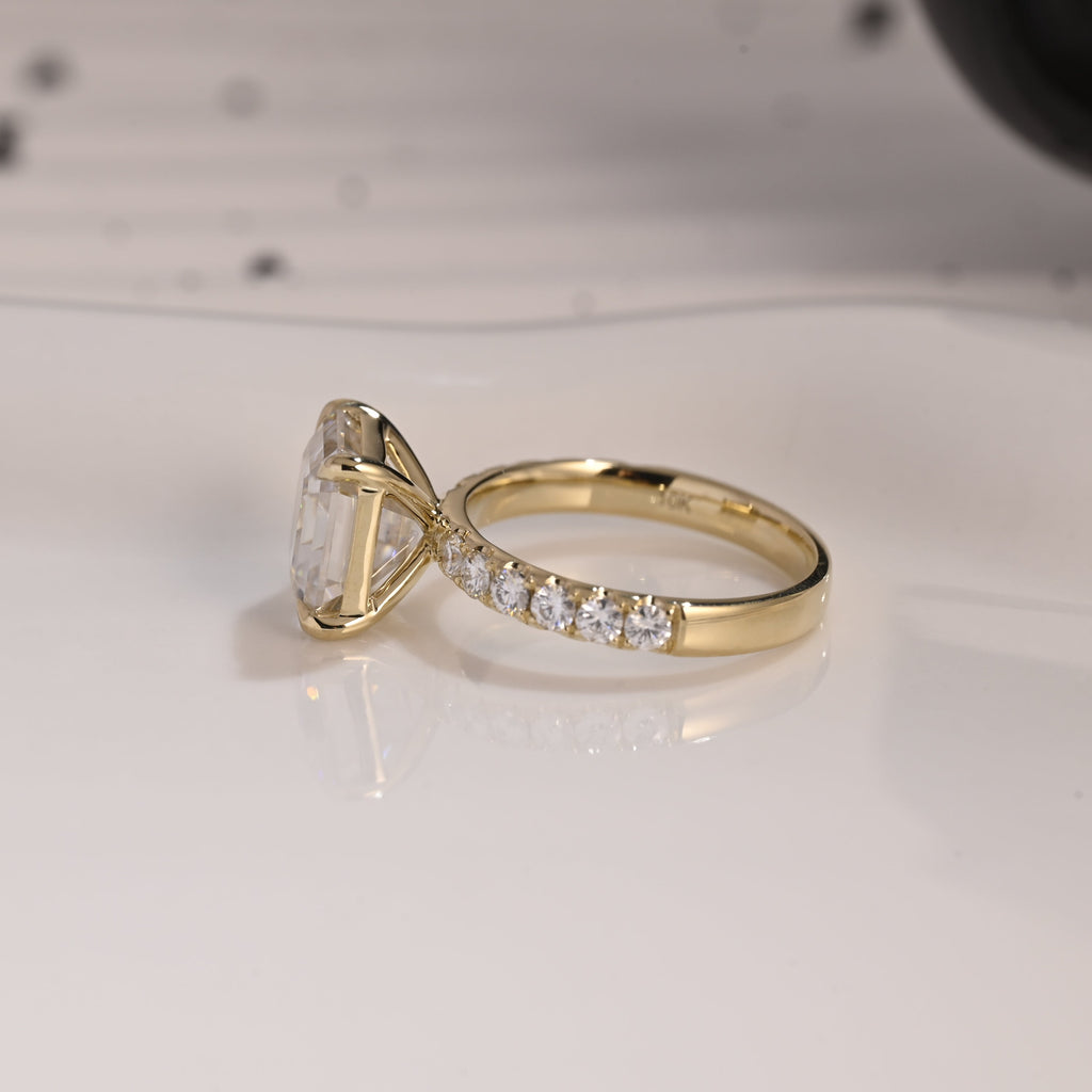 Solid Gold 3mm Width Pave Asscher Cut Moissanite Engagement Ring