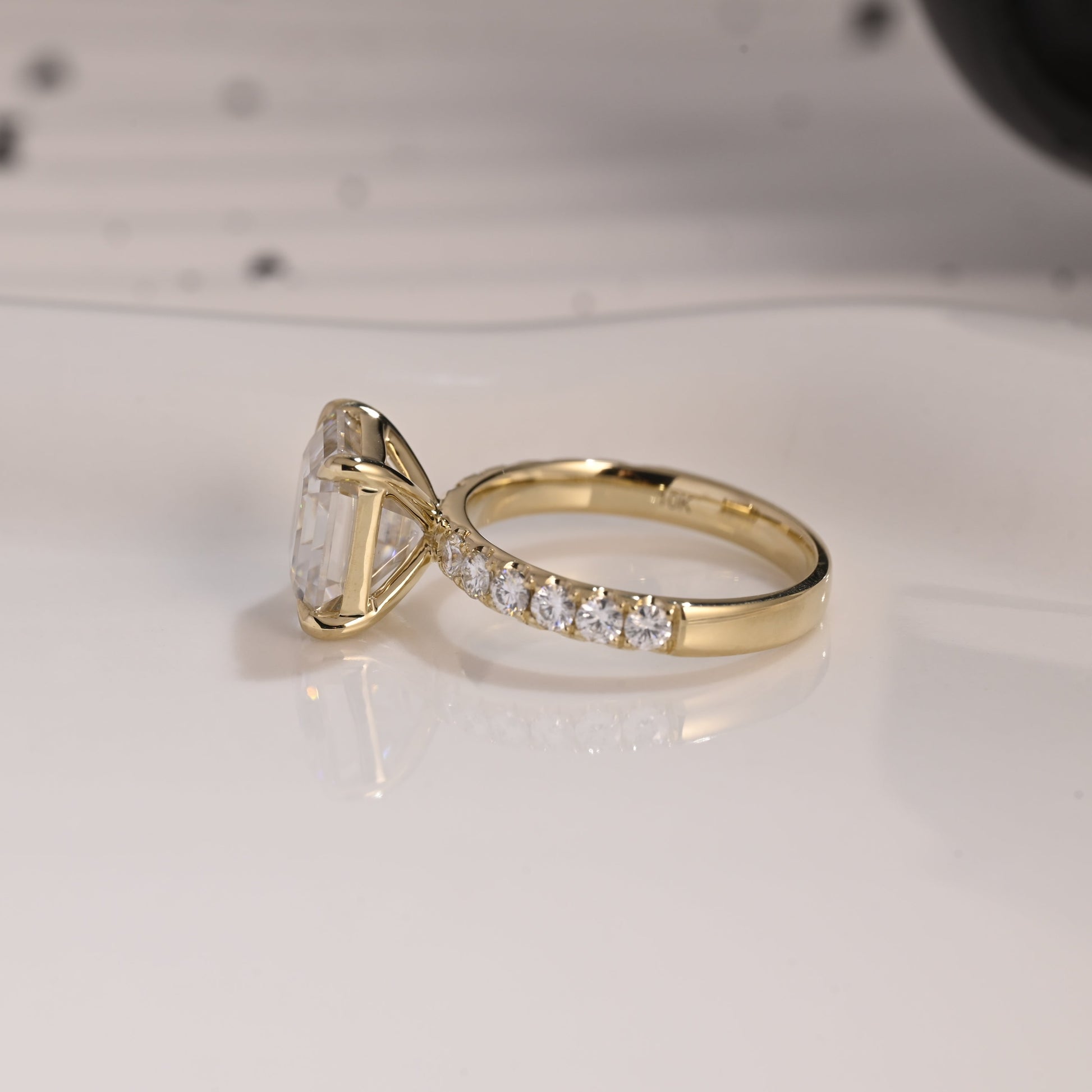 Solid Gold 3mm Width Pave Asscher Cut Moissanite Engagement Ring