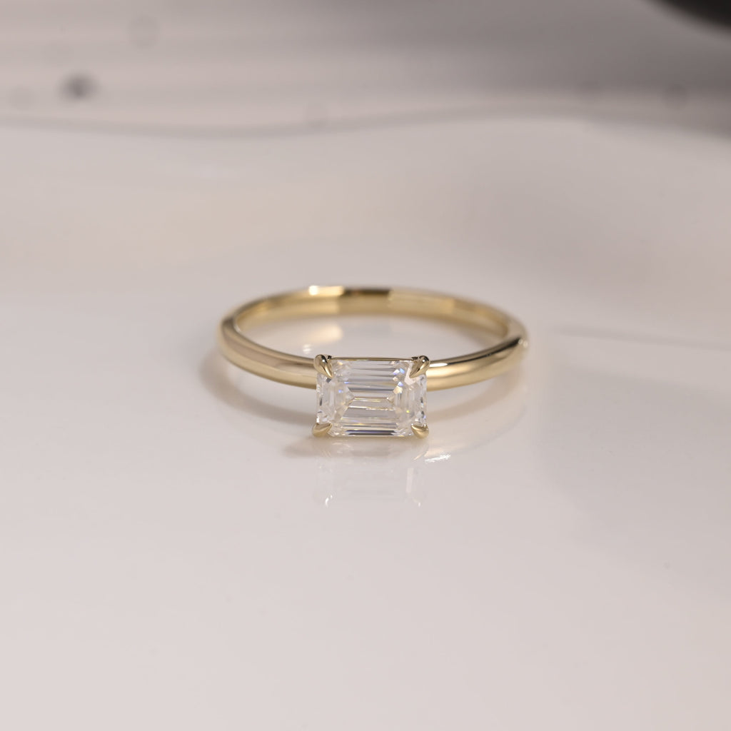 Solid Gold Solitaire East West Emerald Cut Moissanite Engagement Ring