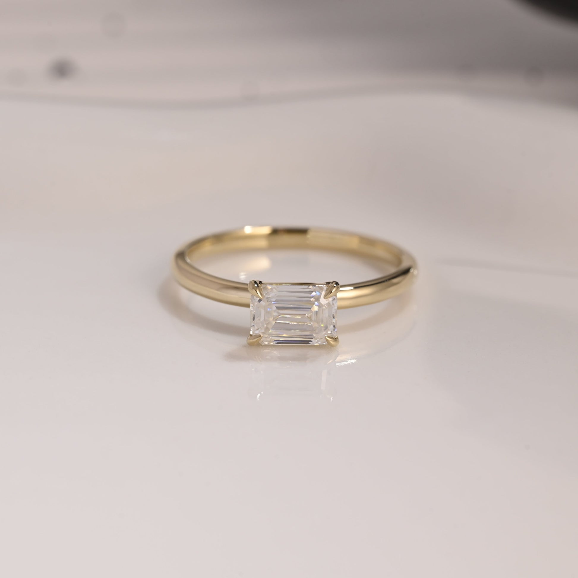 Solid Gold Solitaire East West Emerald Cut Moissanite Engagement Ring