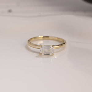 Solid Gold Solitaire East West Emerald Cut Moissanite Engagement Ring