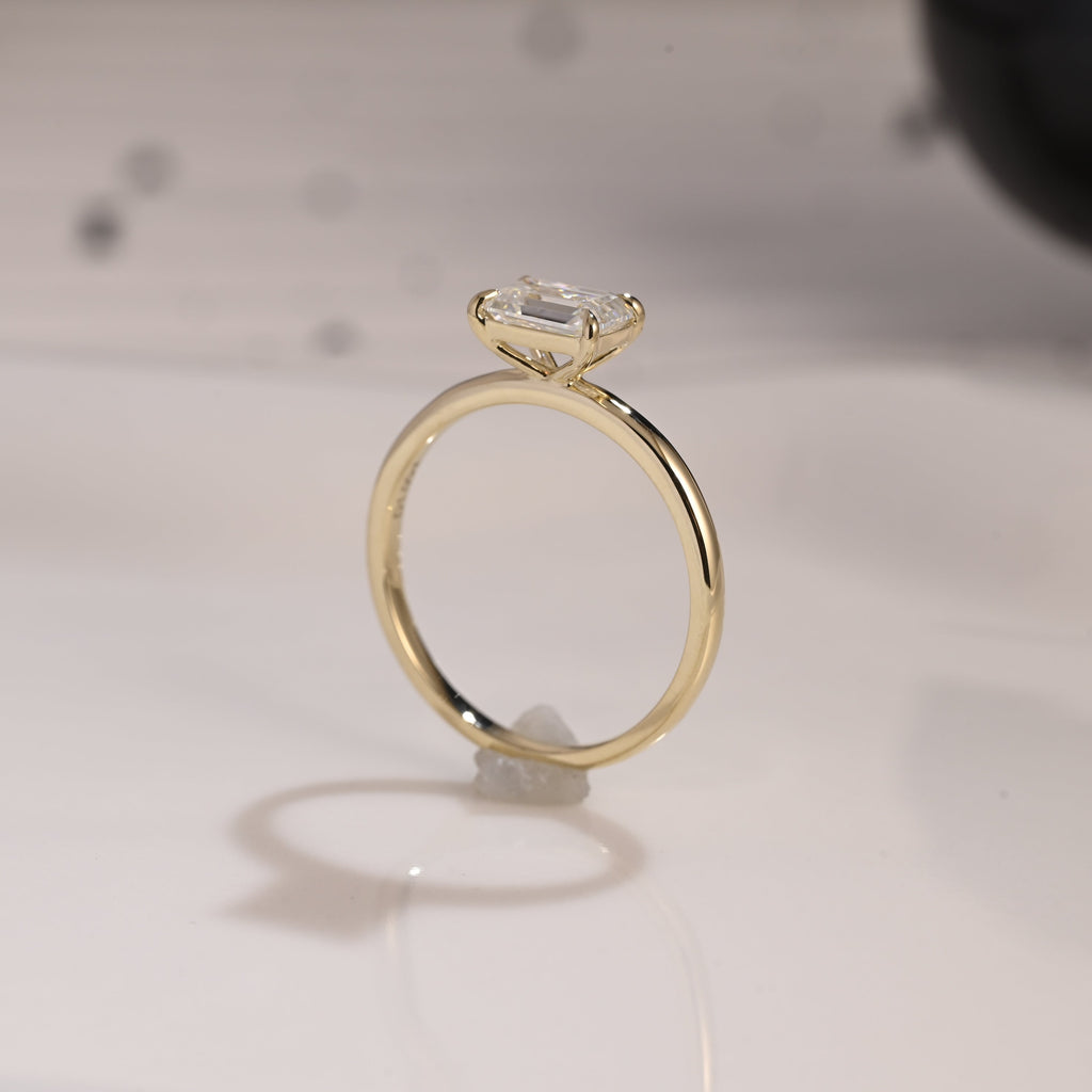 Solid Gold Solitaire East West Emerald Cut Moissanite Engagement Ring