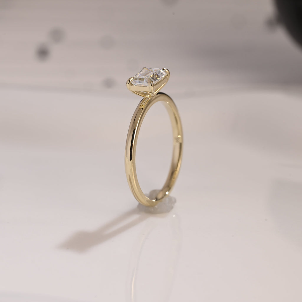 Solid Gold Solitaire East West Emerald Cut Moissanite Engagement Ring