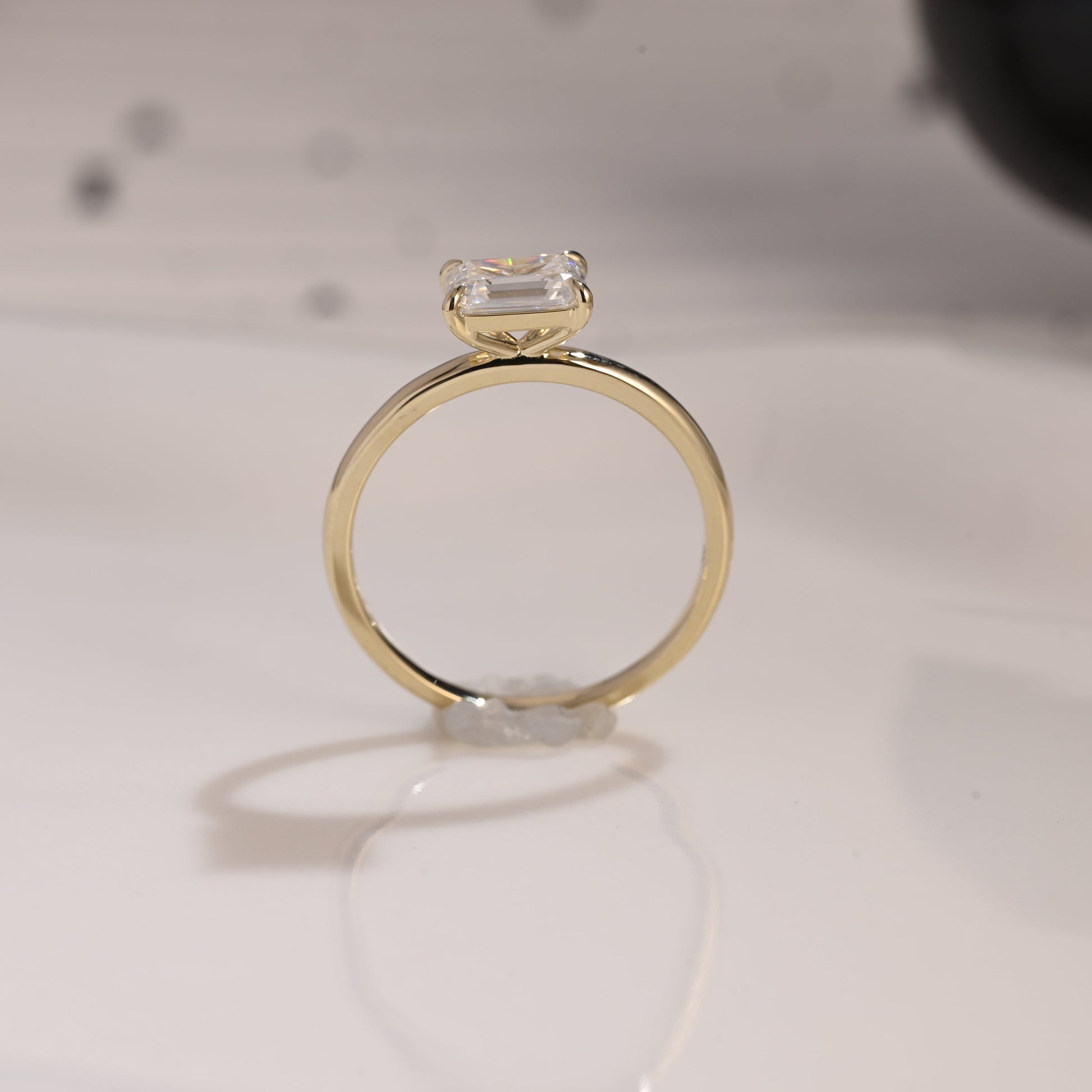 Solid Gold Solitaire East West Emerald Cut Moissanite Engagement Ring