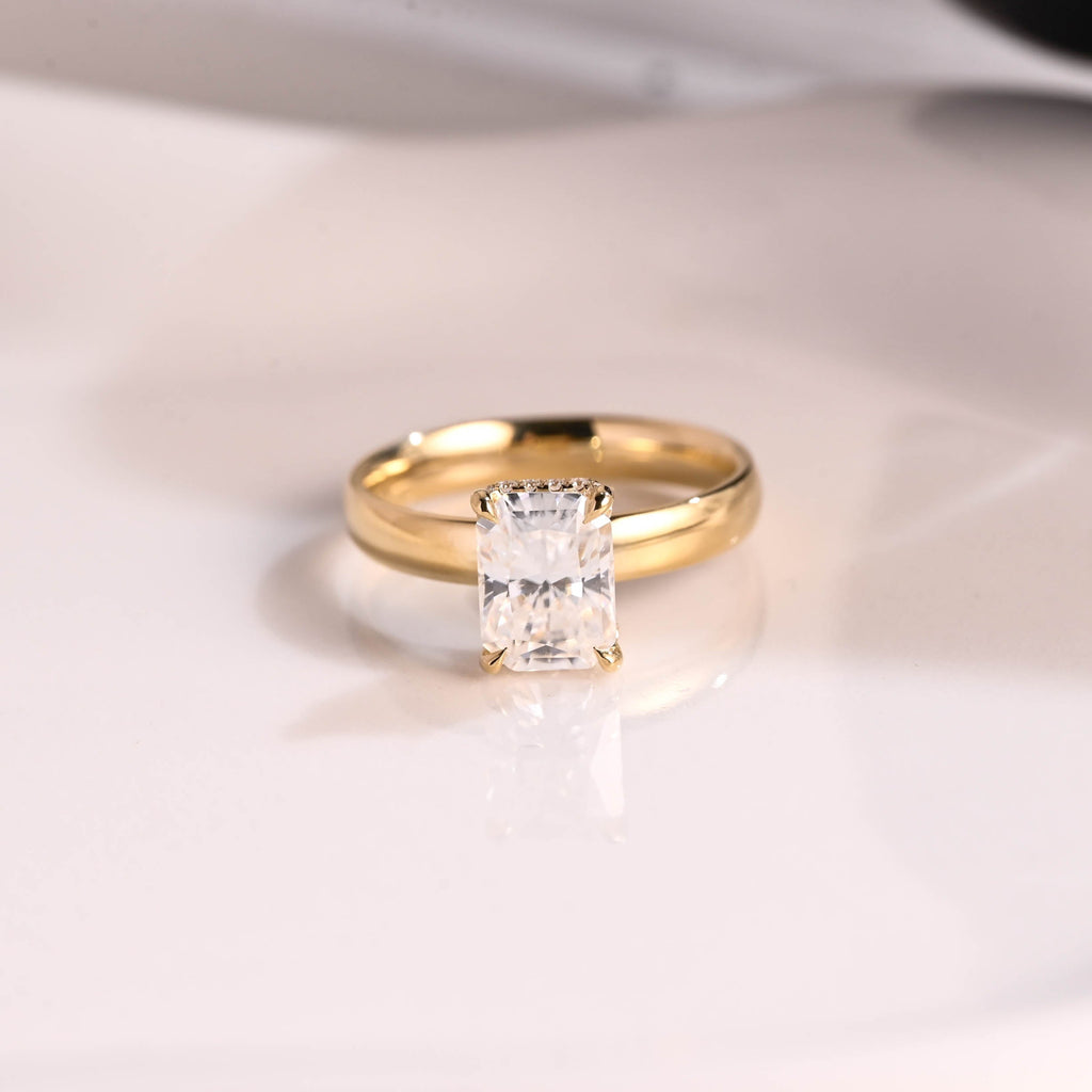 Solid Gold 3mm Width Hidden Halo Radiant Cut Moissanite Engagement Ring