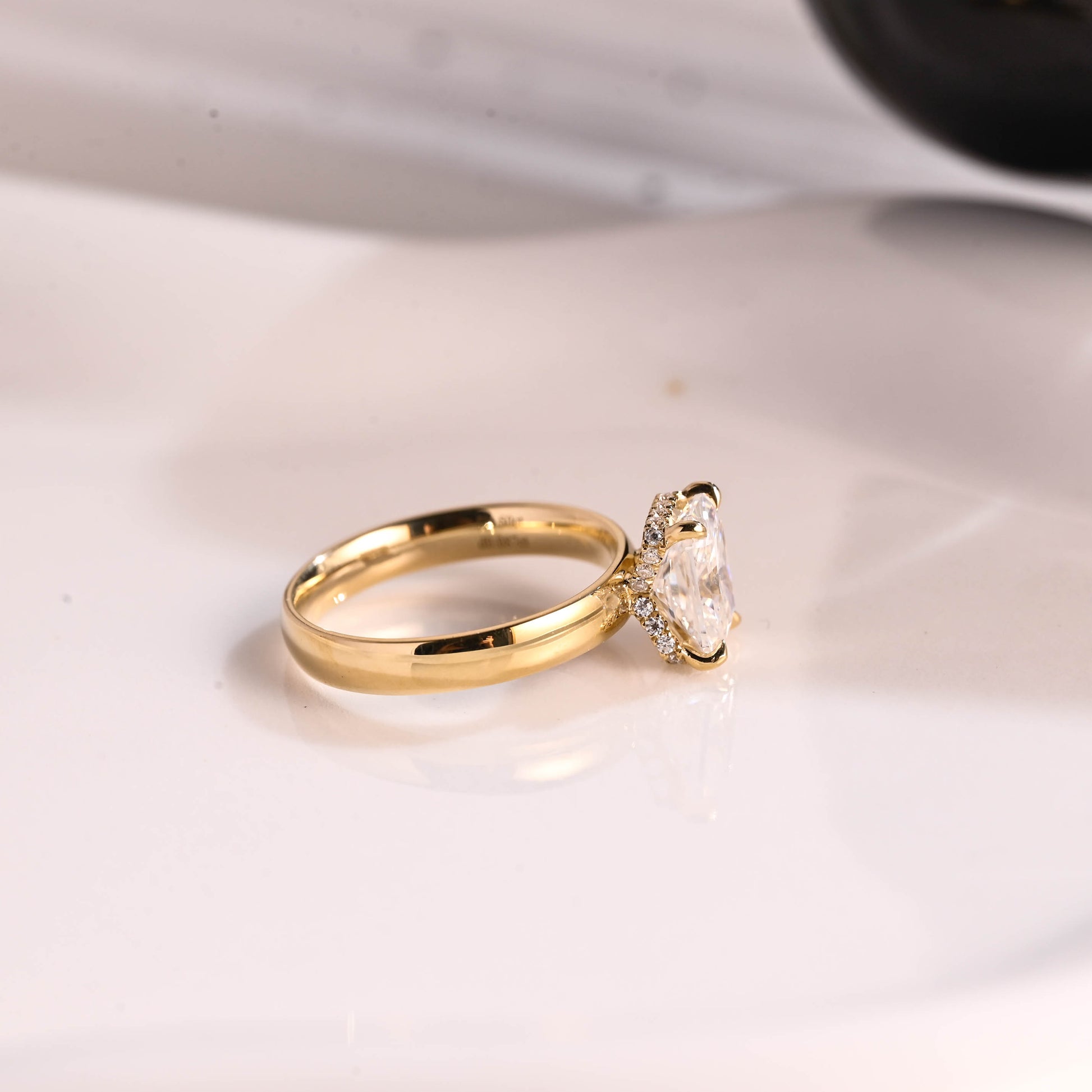 Solid Gold 3mm Width Hidden Halo Radiant Cut Moissanite Engagement Ring