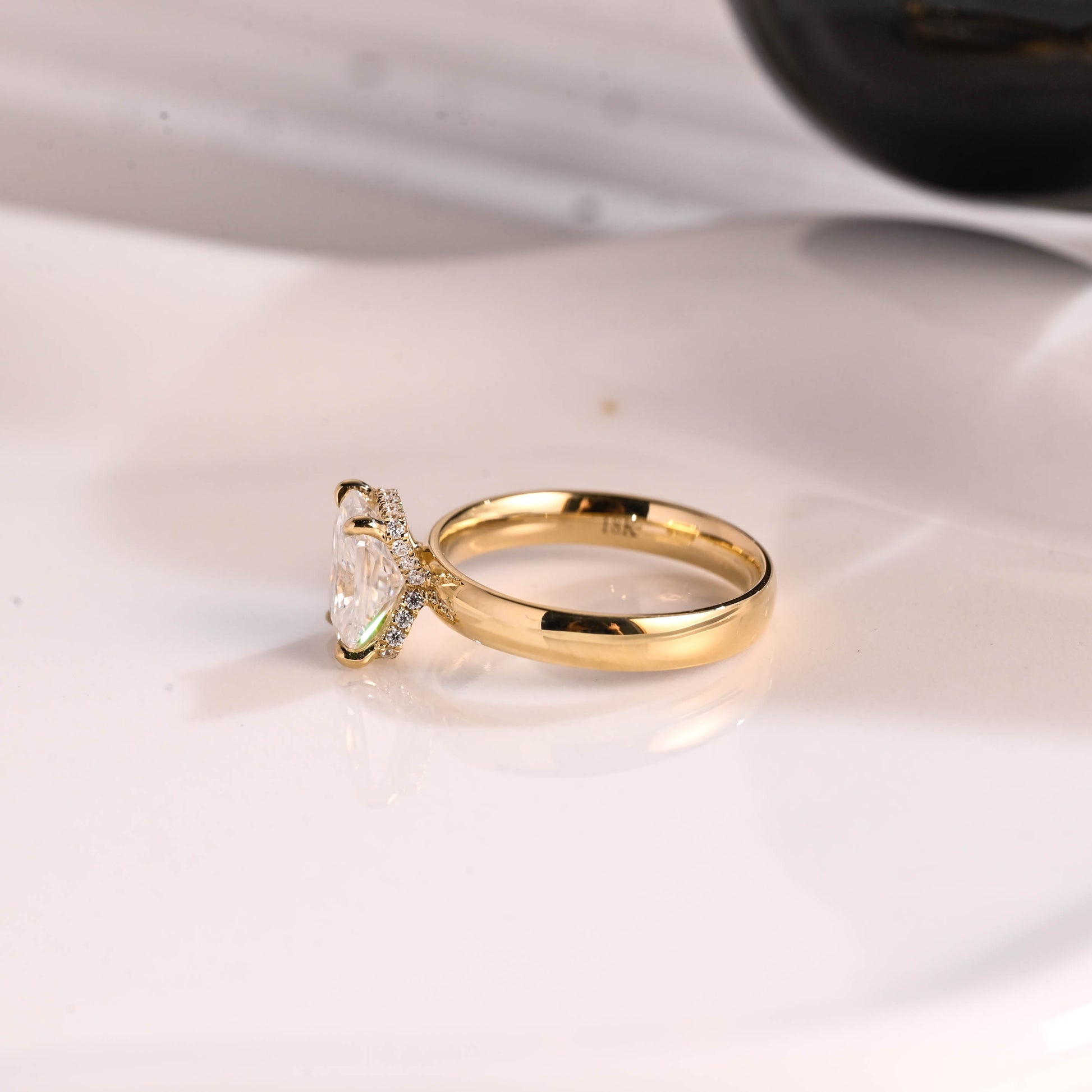 Solid Gold 3mm Width Hidden Halo Radiant Cut Moissanite Engagement Ring