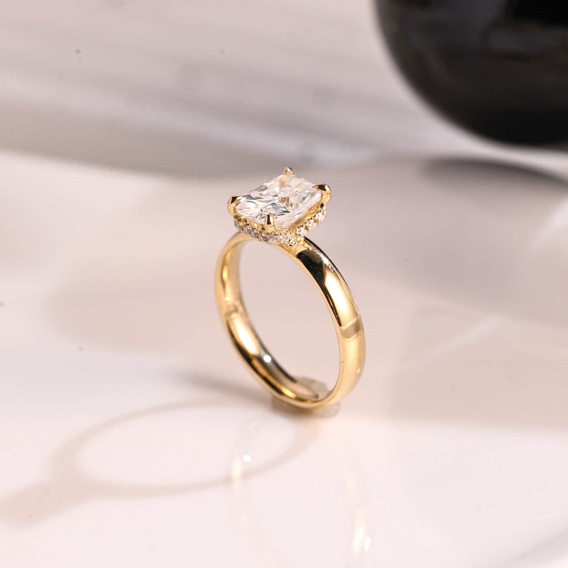 Solid Gold 3mm Width Hidden Halo Radiant Cut Moissanite Engagement Ring