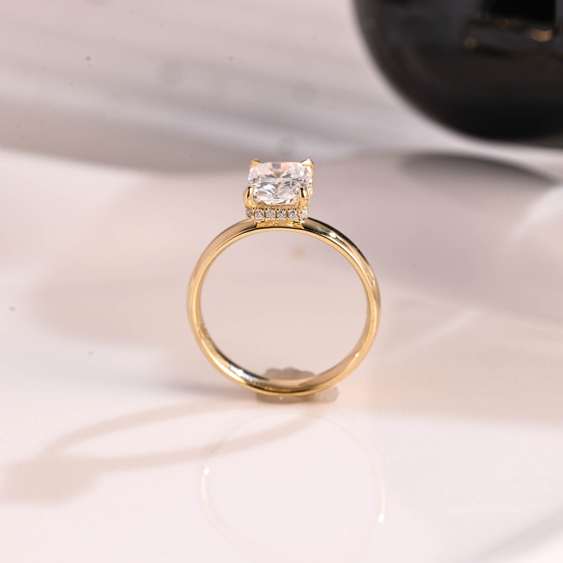 Solid Gold 3mm Width Hidden Halo Radiant Cut Moissanite Engagement Ring