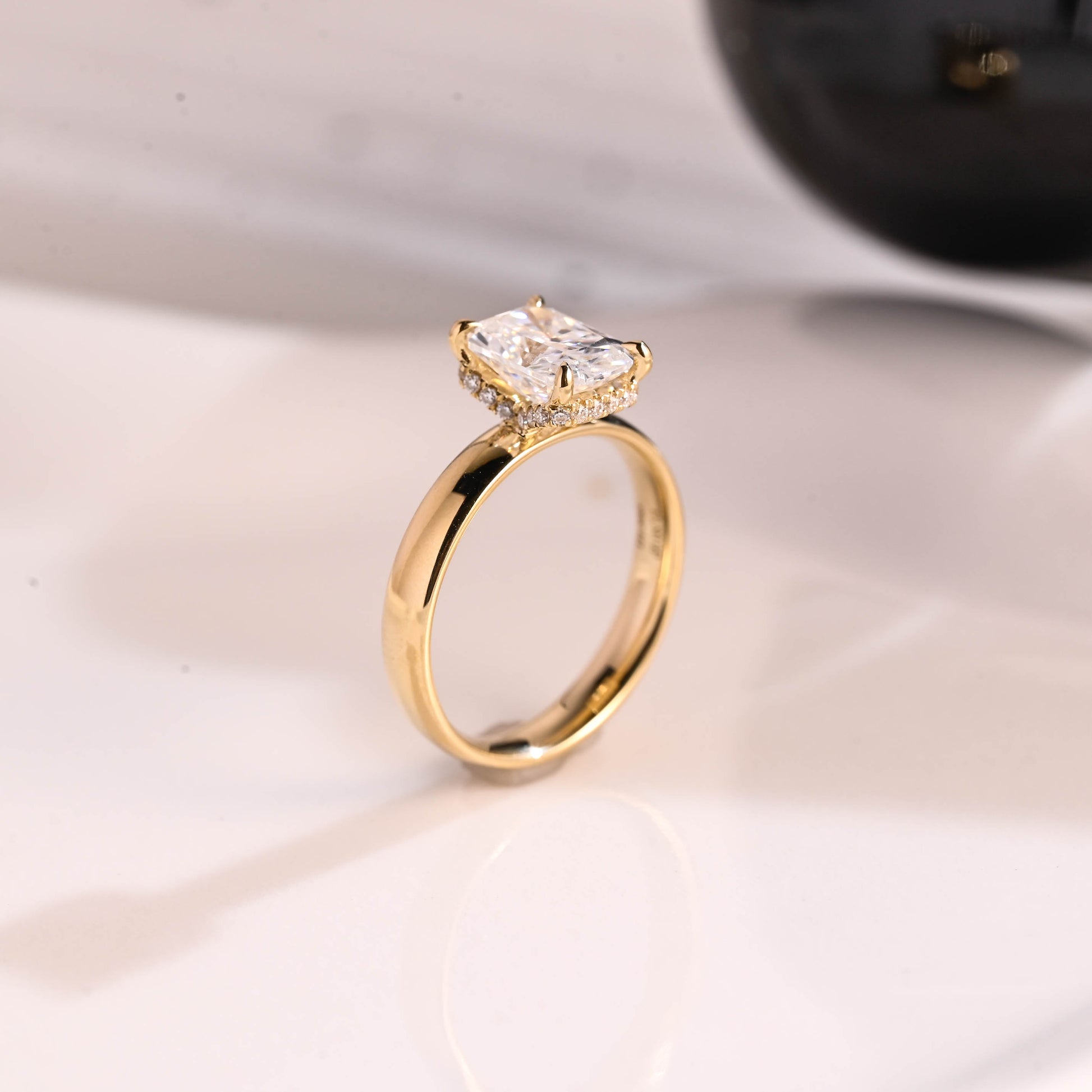 Solid Gold 3mm Width Hidden Halo Radiant Cut Moissanite Engagement Ring