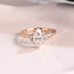 Solid Gold Three Stone Marquise Cut Moissanite Engagement Ring