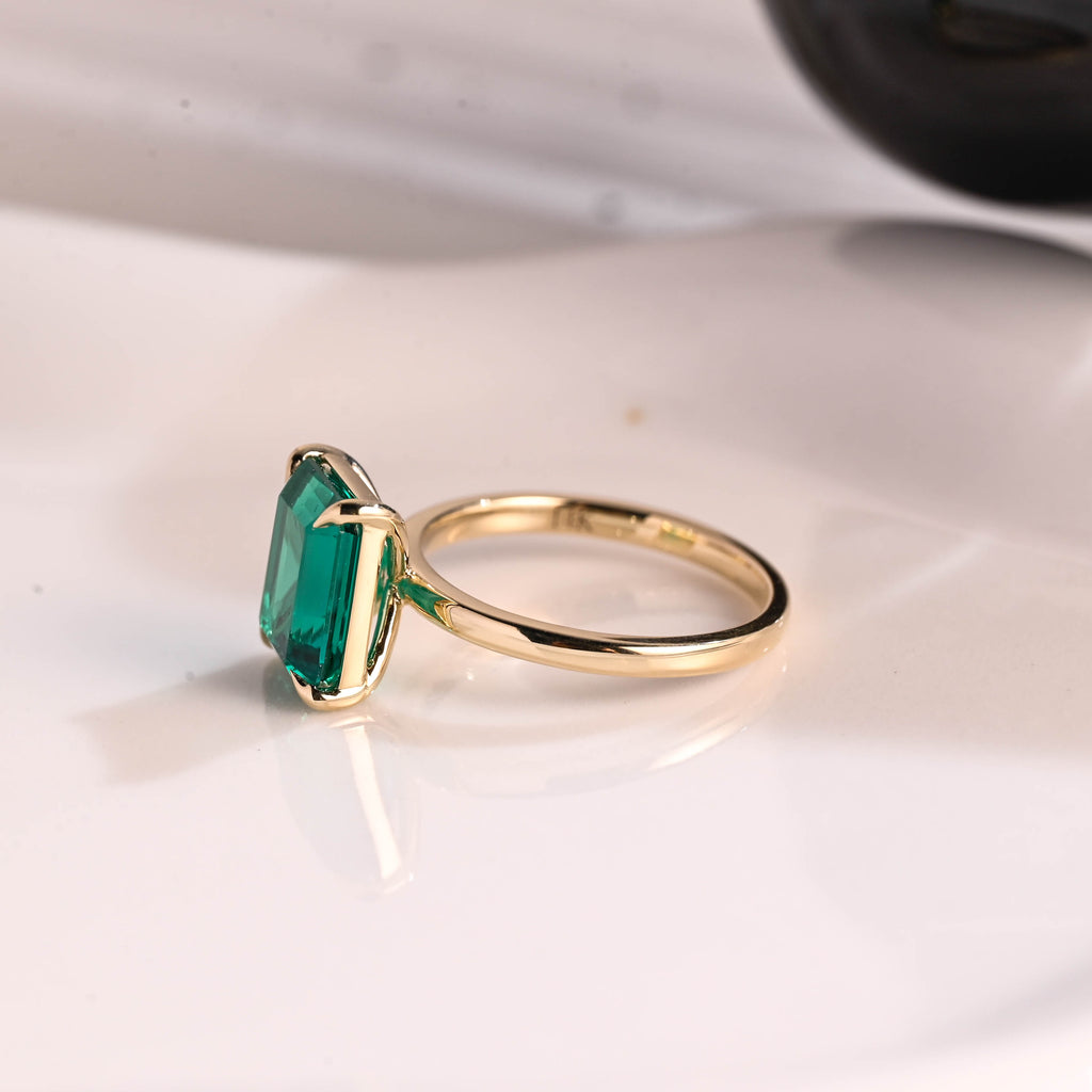 Solid Gold Solitaire Emerald Cut Lab Emerald Engagement Ring