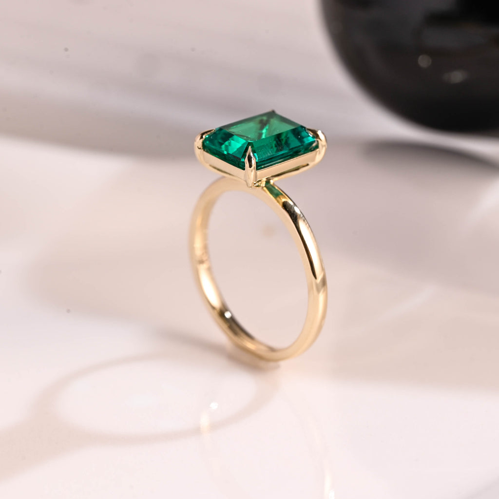 Solid Gold Solitaire Emerald Cut Lab Emerald Engagement Ring