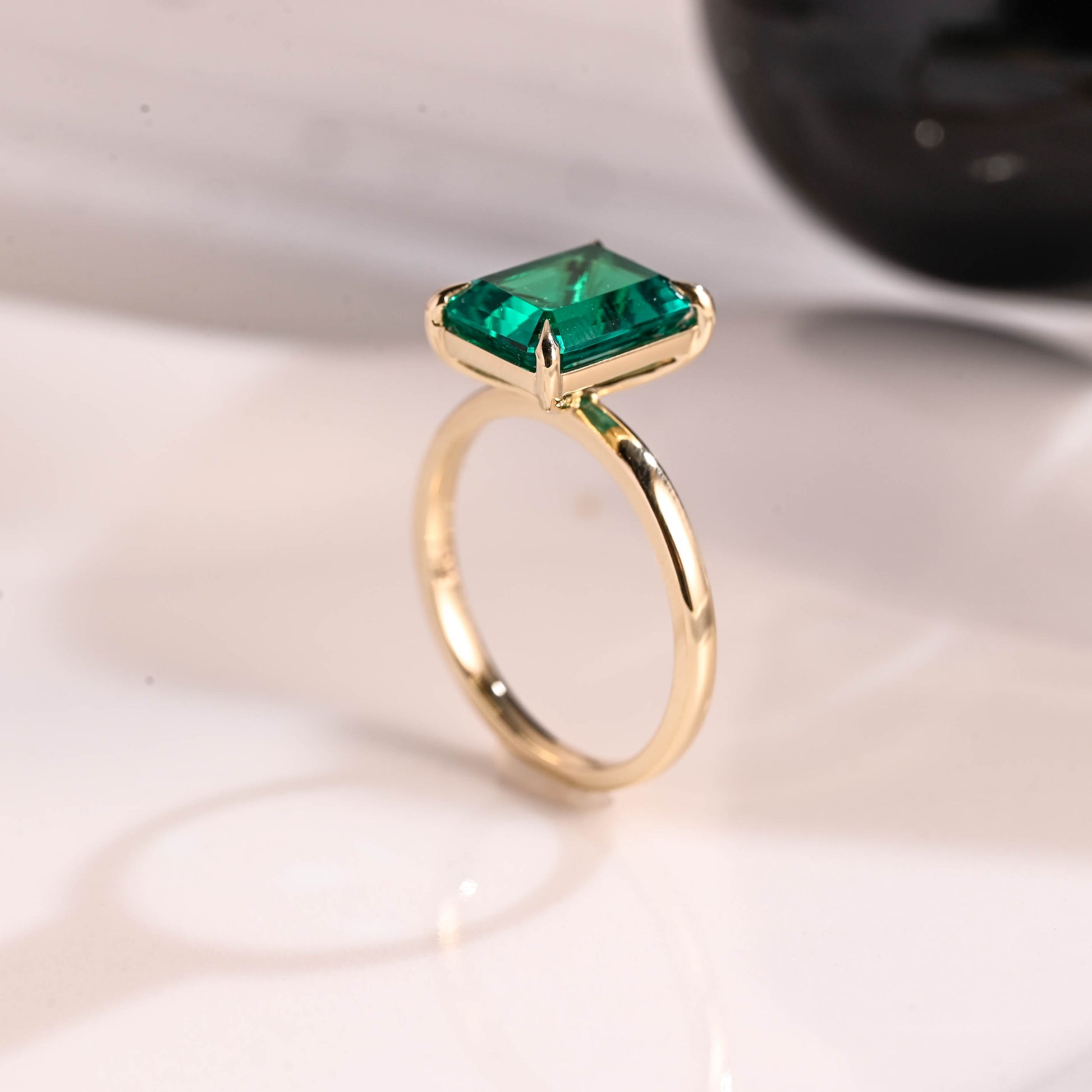 Solid Gold Solitaire Emerald Cut Lab Emerald Engagement Ring