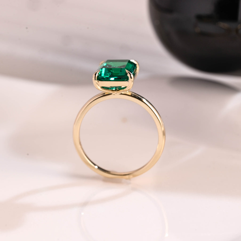 Solid Gold Solitaire Emerald Cut Lab Emerald Engagement Ring