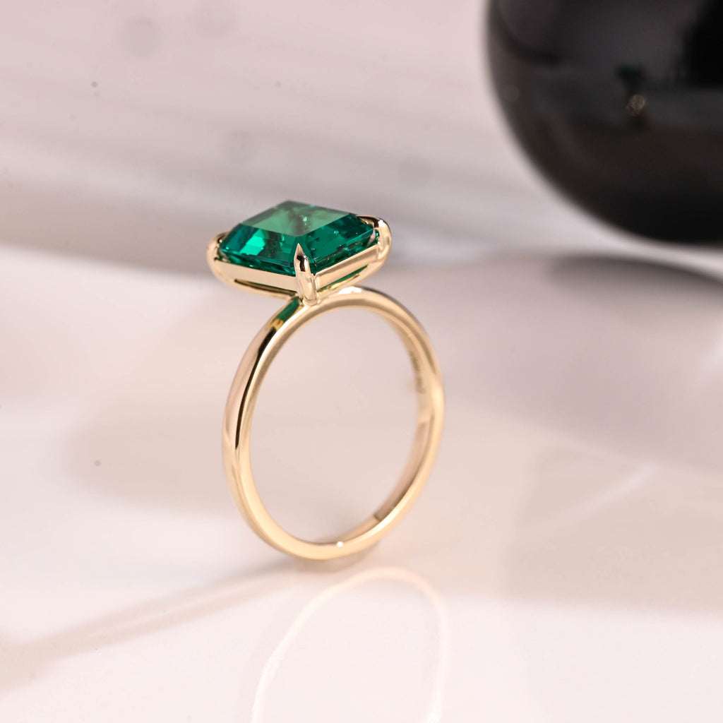 Solid Gold Solitaire Emerald Cut Lab Emerald Engagement Ring