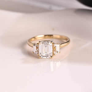 Solid Gold Three Stone Emerald Cut Moissanite Engagement Ring