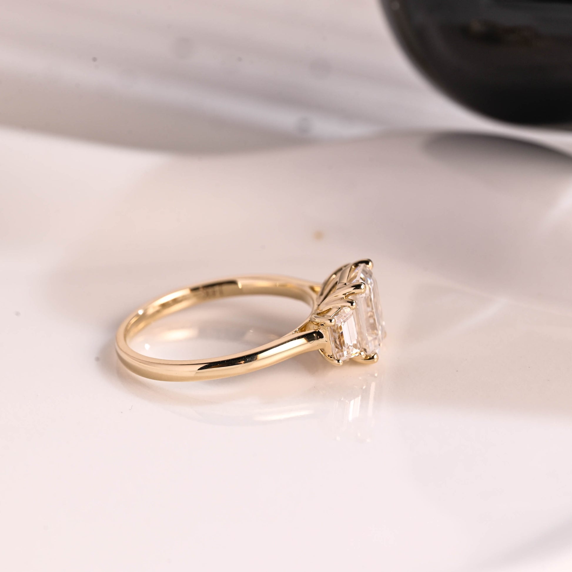 Solid Gold Three Stone Emerald Cut Moissanite Engagement Ring