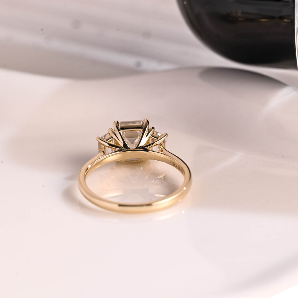 Solid Gold Three Stone Emerald Cut Moissanite Engagement Ring