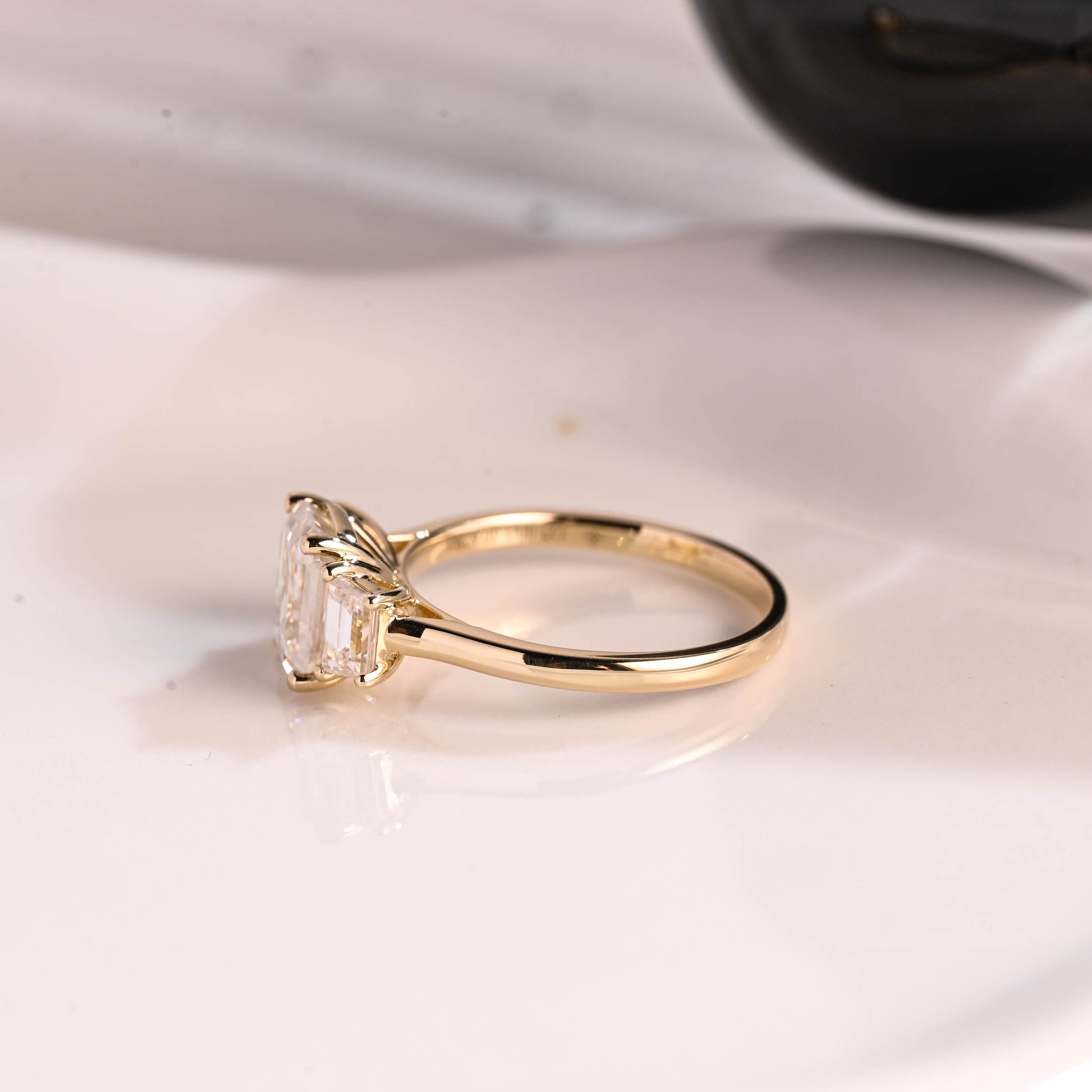 Solid Gold Three Stone Emerald Cut Moissanite Engagement Ring