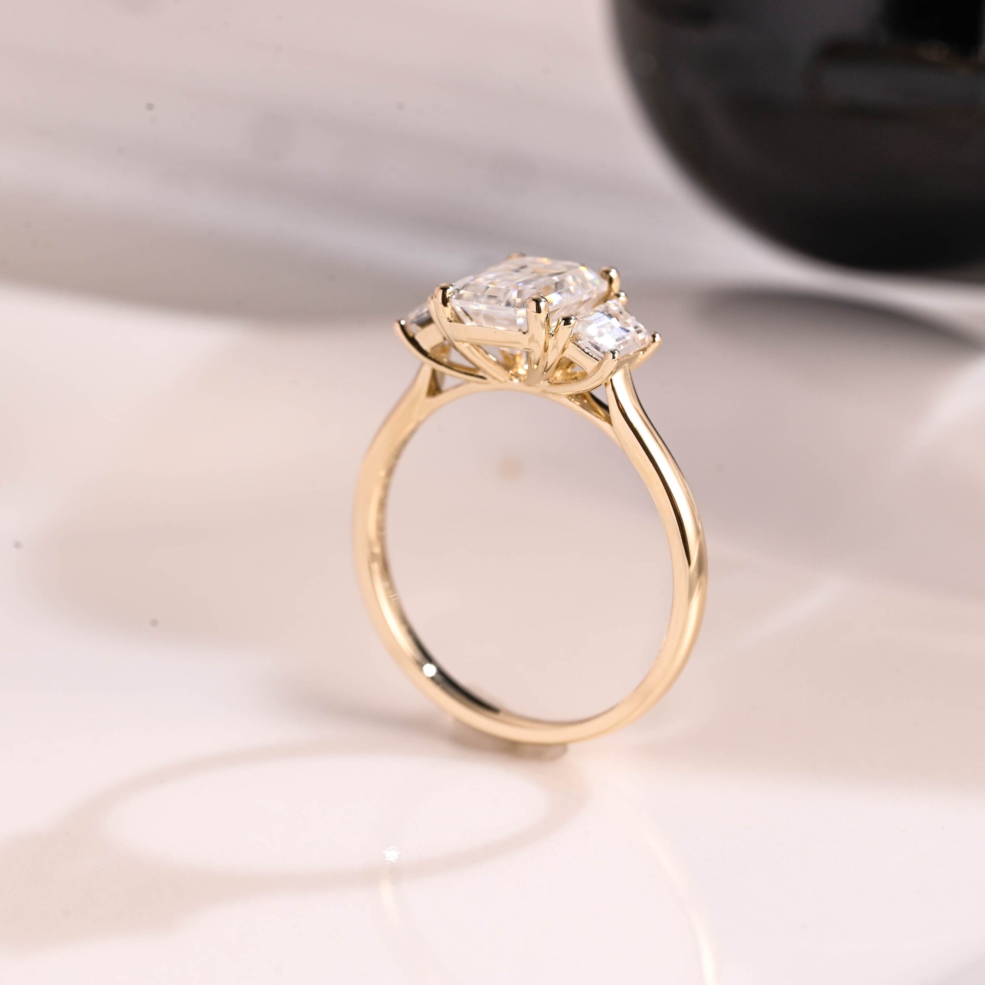 Solid Gold Three Stone Emerald Cut Moissanite Engagement Ring