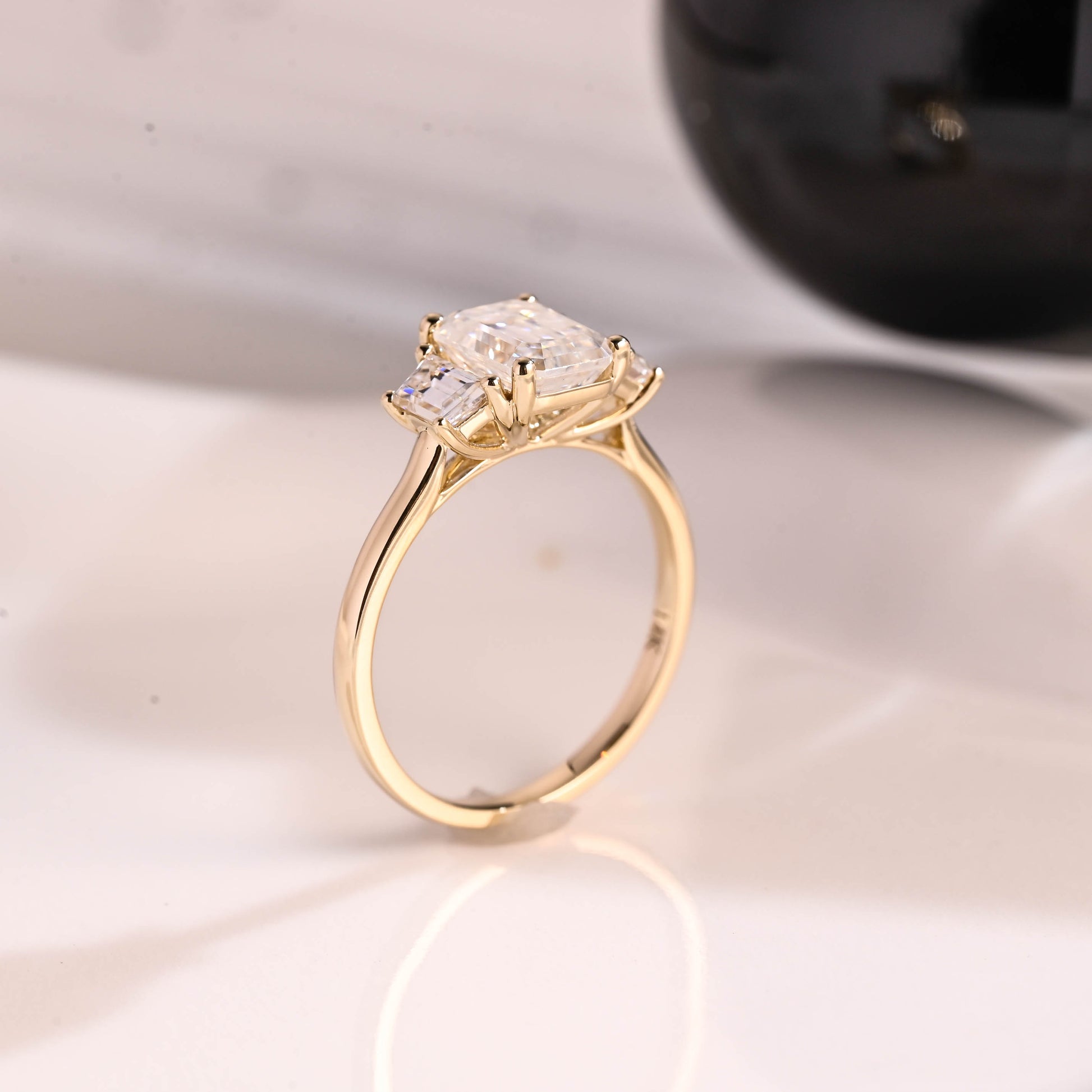 Solid Gold Three Stone Emerald Cut Moissanite Engagement Ring