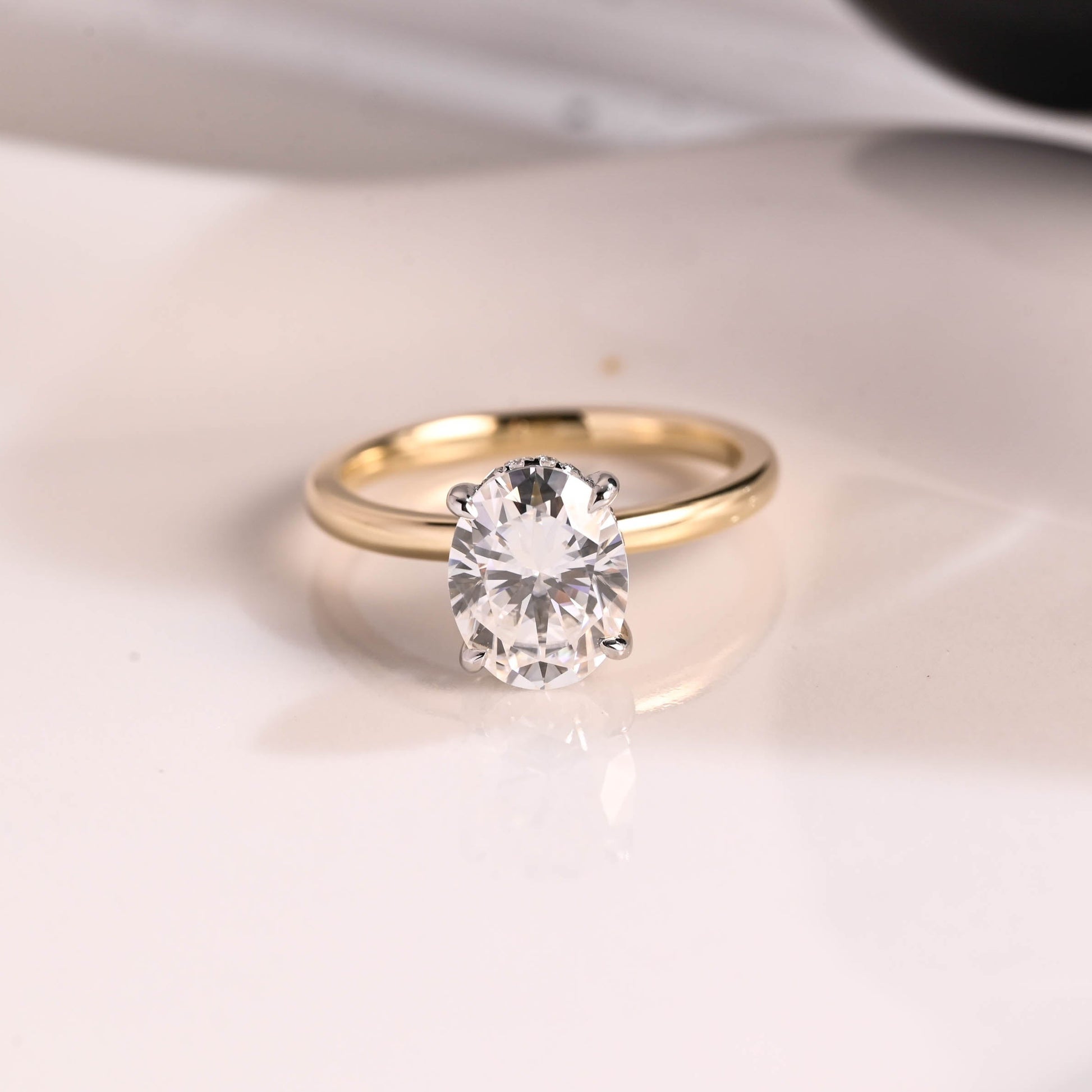 Solid Gold Two Tone Hidden Halo Oval Cut Moissanite Engagement Ring