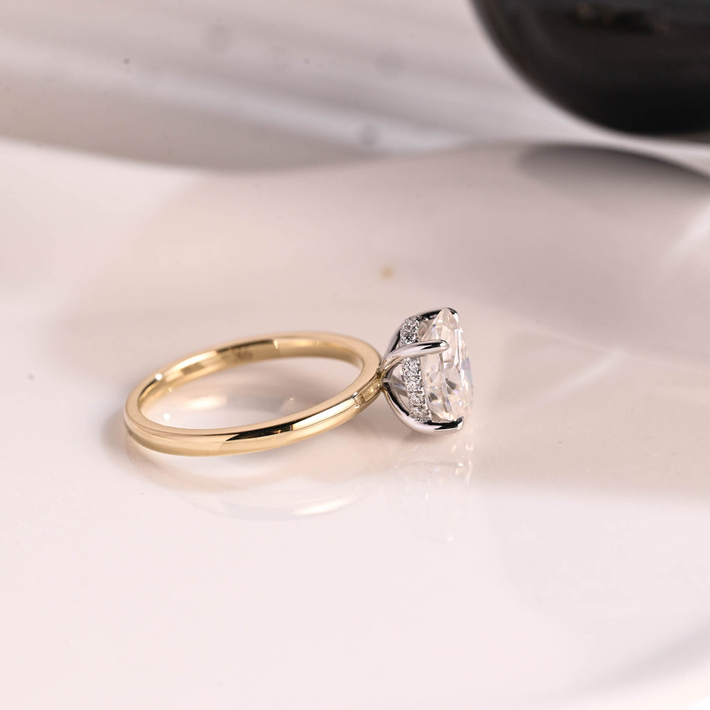 Solid Gold Two Tone Hidden Halo Oval Cut Moissanite Engagement Ring