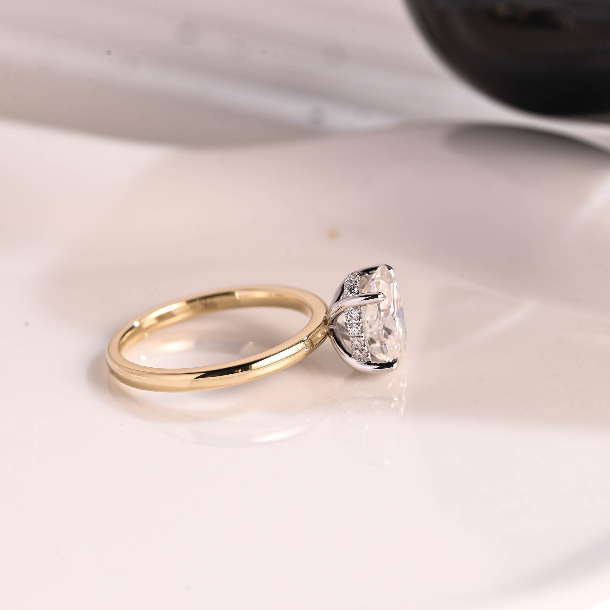 Solid Gold Two Tone Hidden Halo Oval Cut Moissanite Engagement Ring
