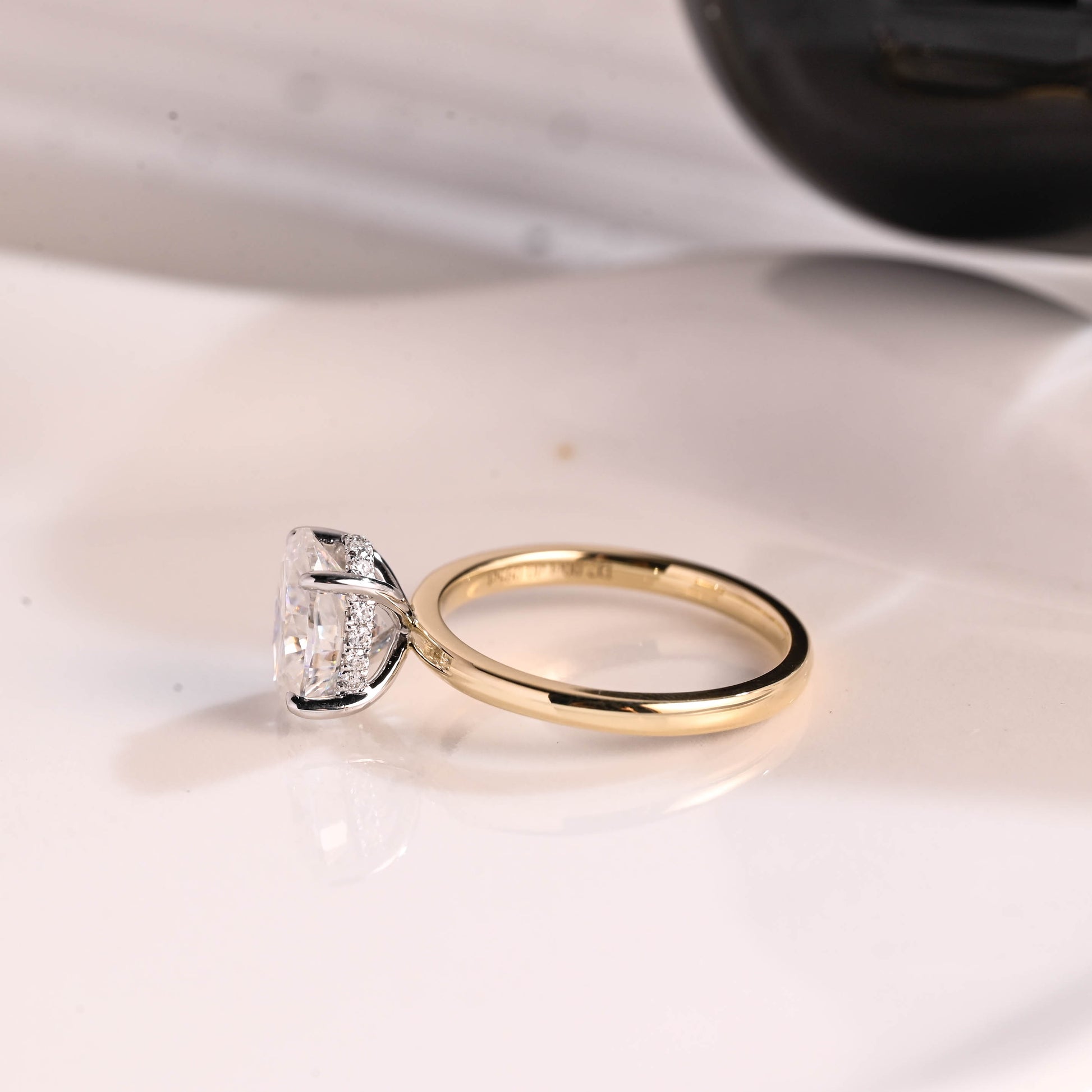 Solid Gold Two Tone Hidden Halo Oval Cut Moissanite Engagement Ring