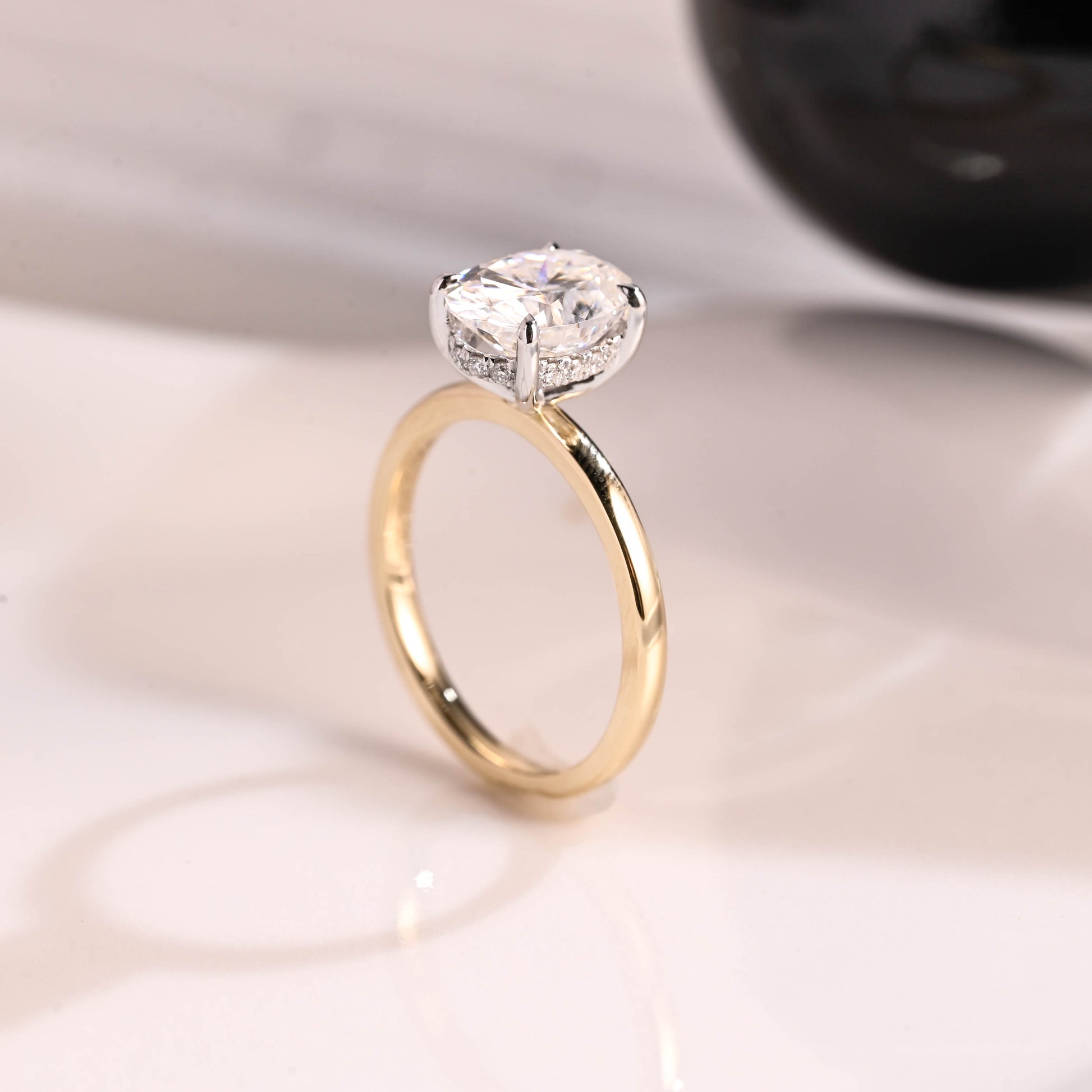 Solid Gold Two Tone Hidden Halo Oval Cut Moissanite Engagement Ring
