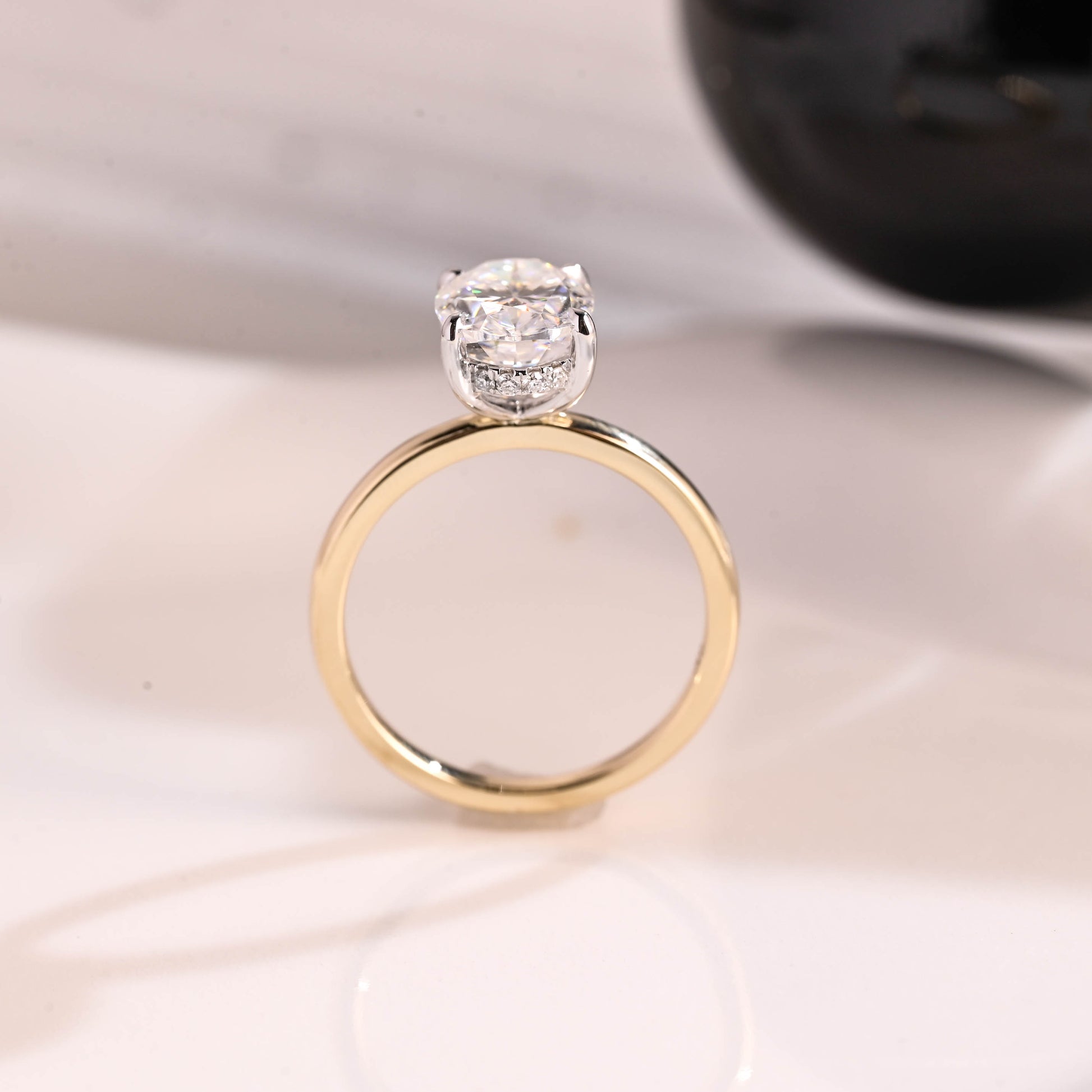 Solid Gold Two Tone Hidden Halo Oval Cut Moissanite Engagement Ring