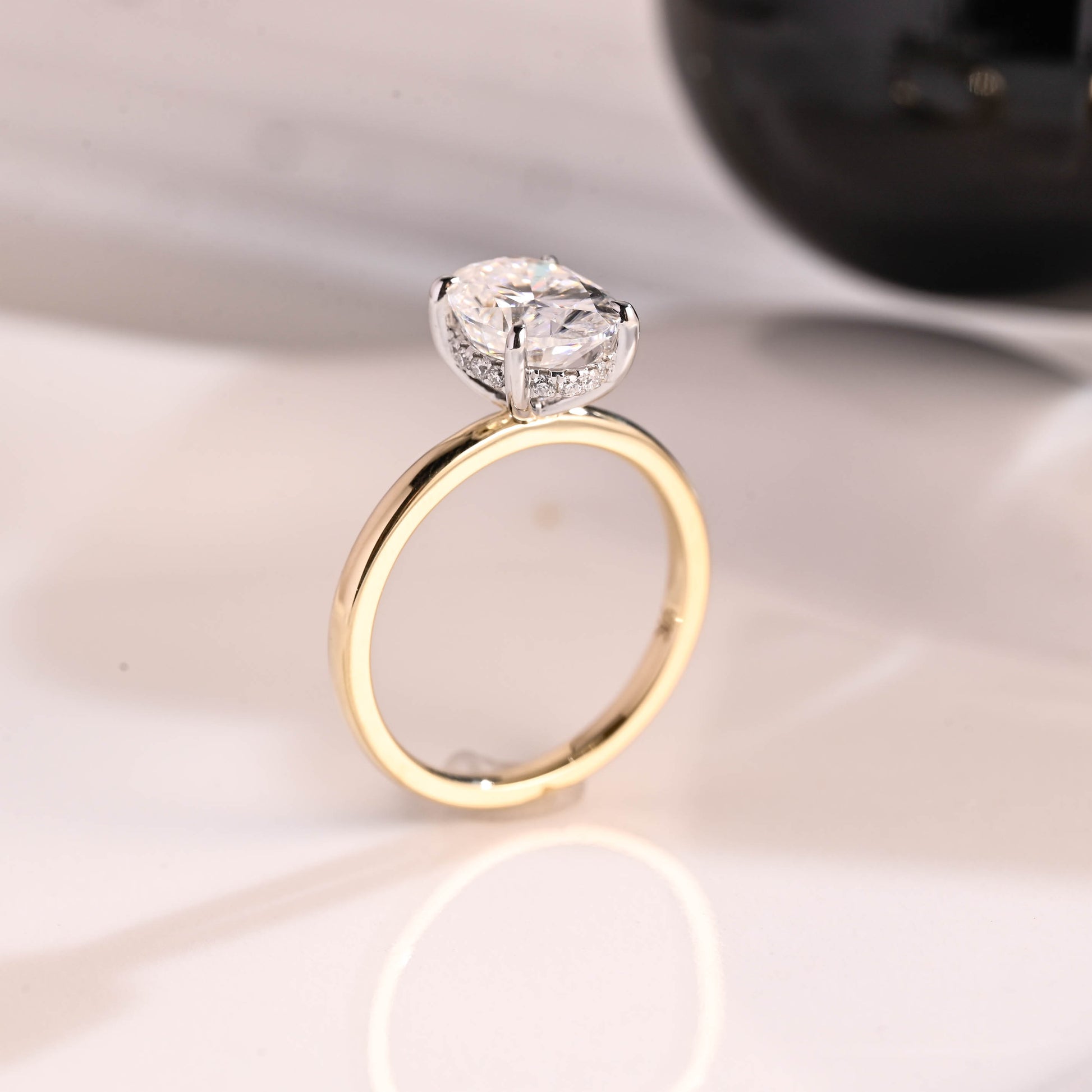 Solid Gold Two Tone Hidden Halo Oval Cut Moissanite Engagement Ring