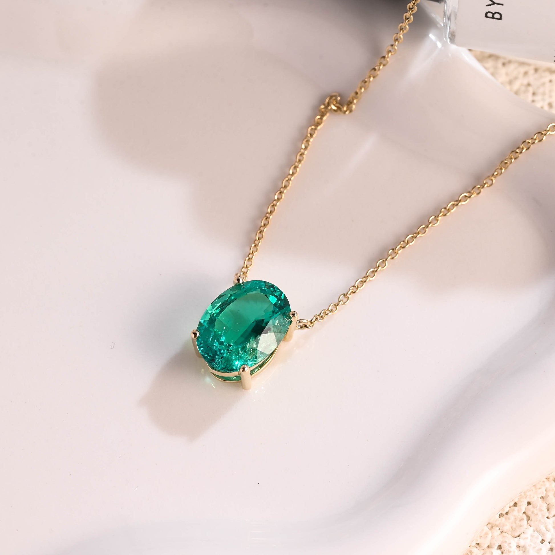 Solid Gold Solitaire Oval Cut Lab Emerald Pendant Necklace