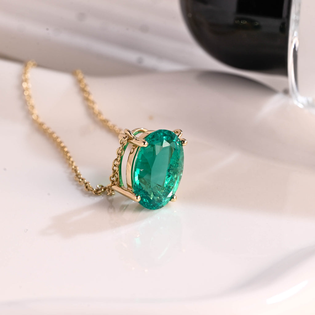 Solid Gold Solitaire Oval Cut Lab Emerald Pendant Necklace