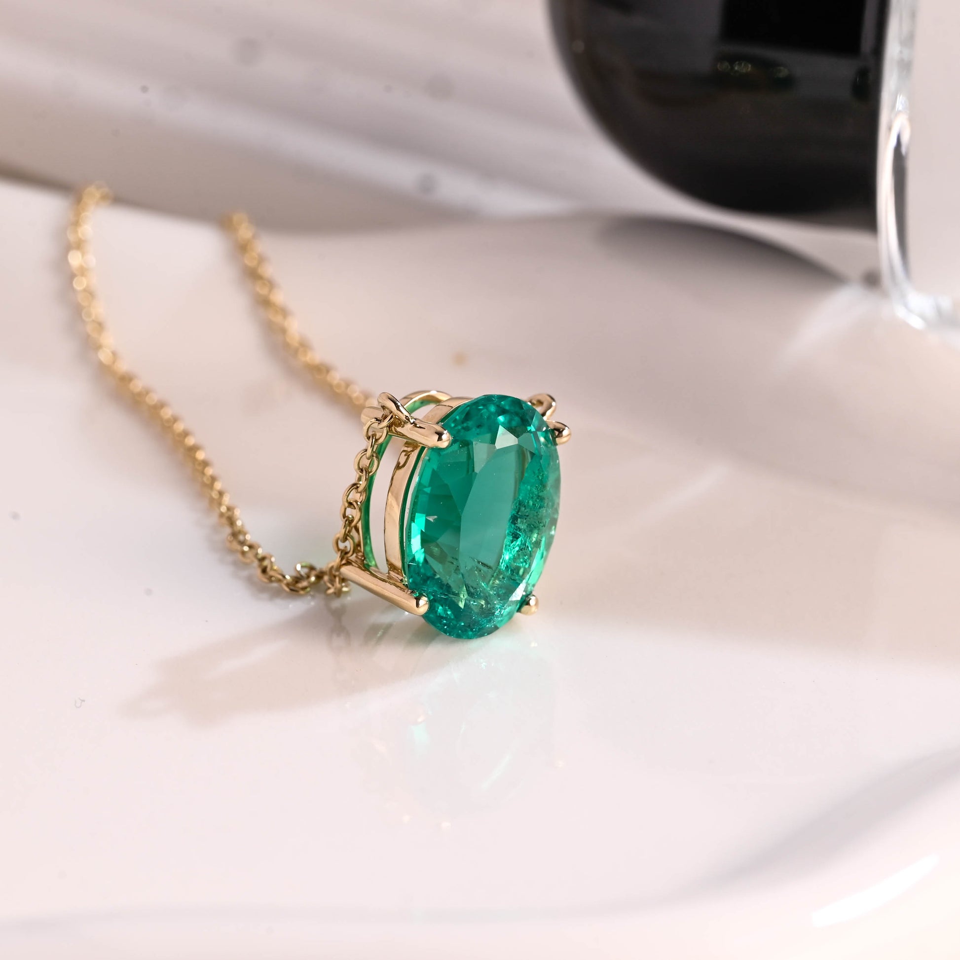 Solid Gold Solitaire Oval Cut Lab Emerald Pendant Necklace